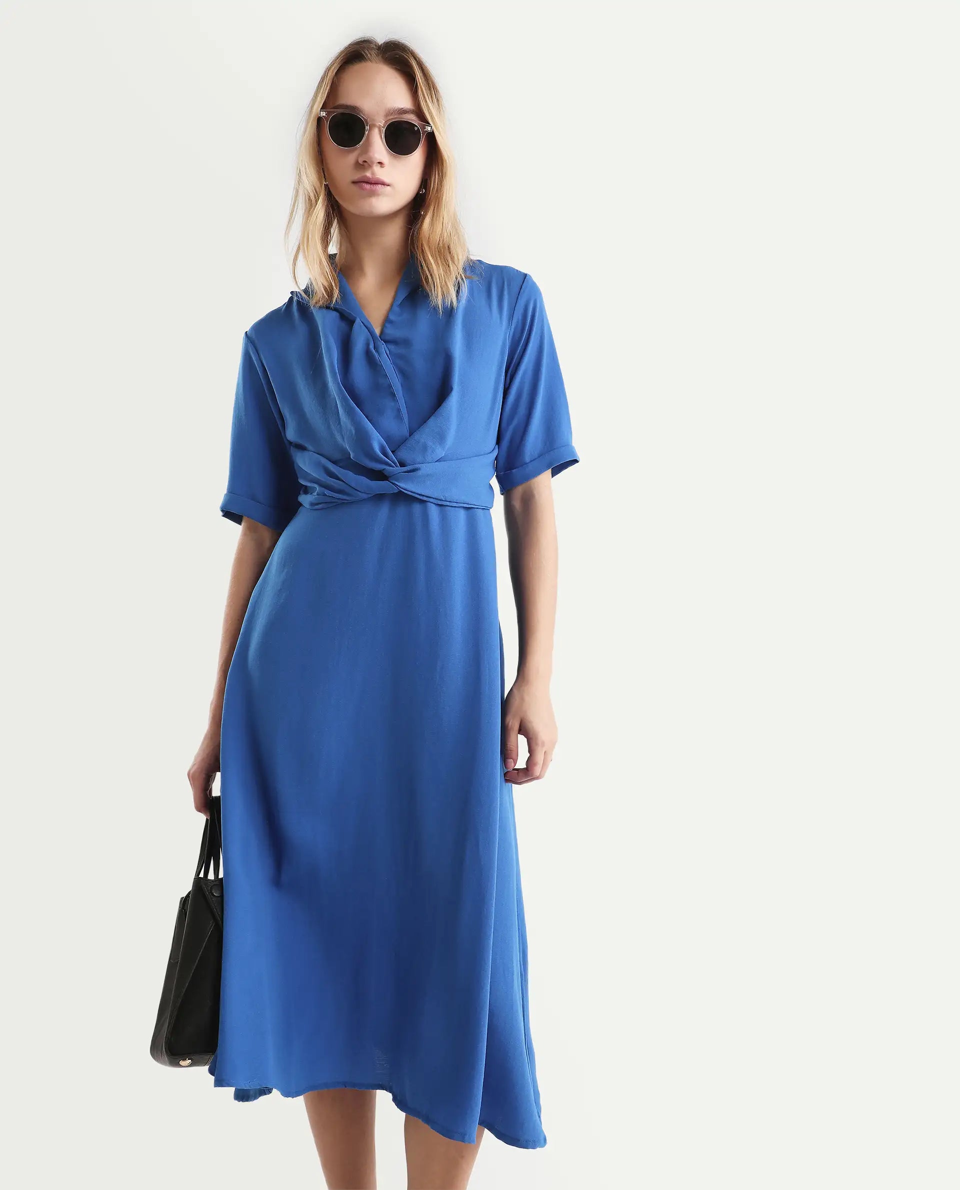 Rareism Women's Fedrez Navy Polyester Cowl Neck Plain Bell Sleeve Maxi Flared Dress