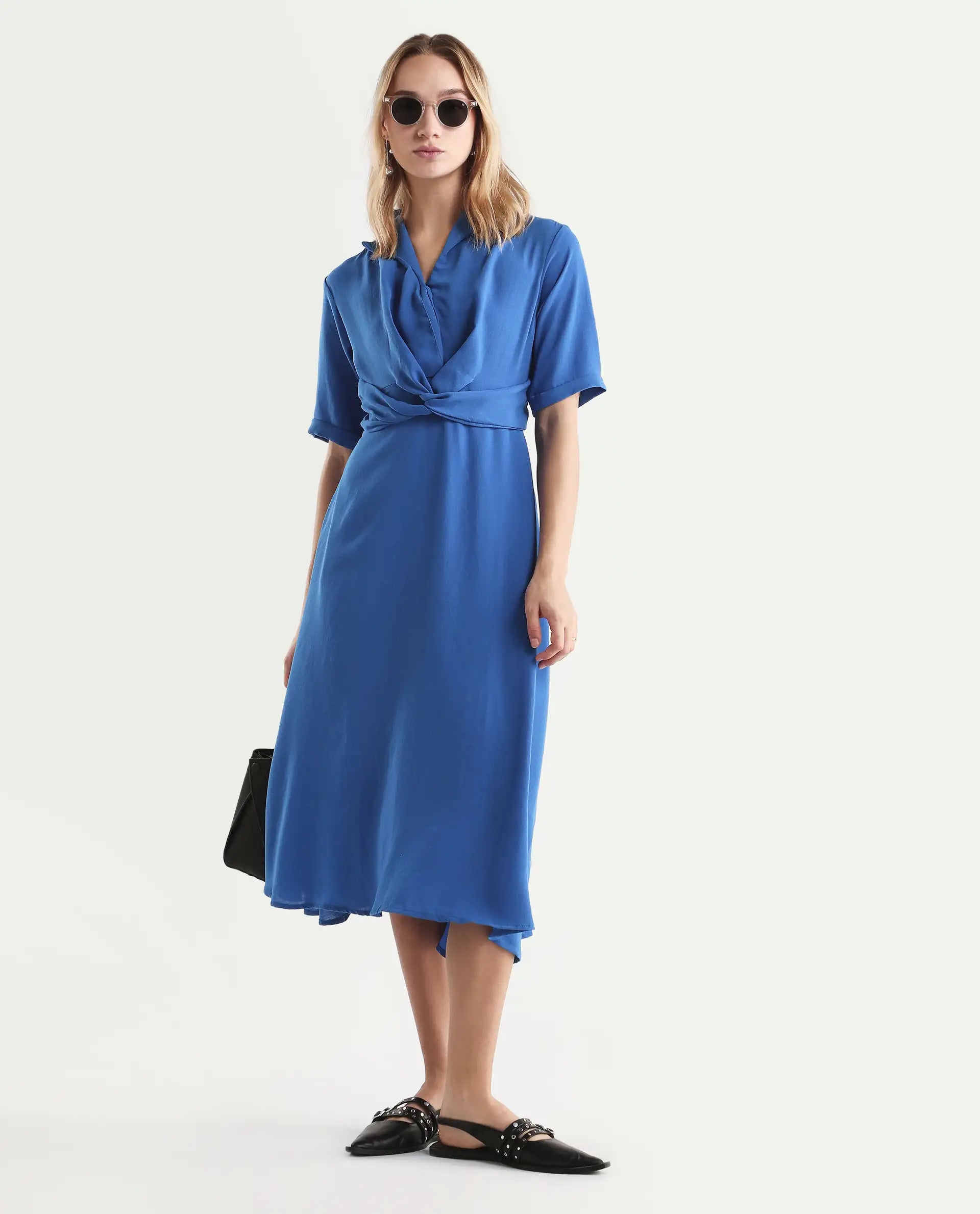 Rareism Women's Fedrez Navy Polyester Cowl Neck Plain Bell Sleeve Maxi Flared Dress