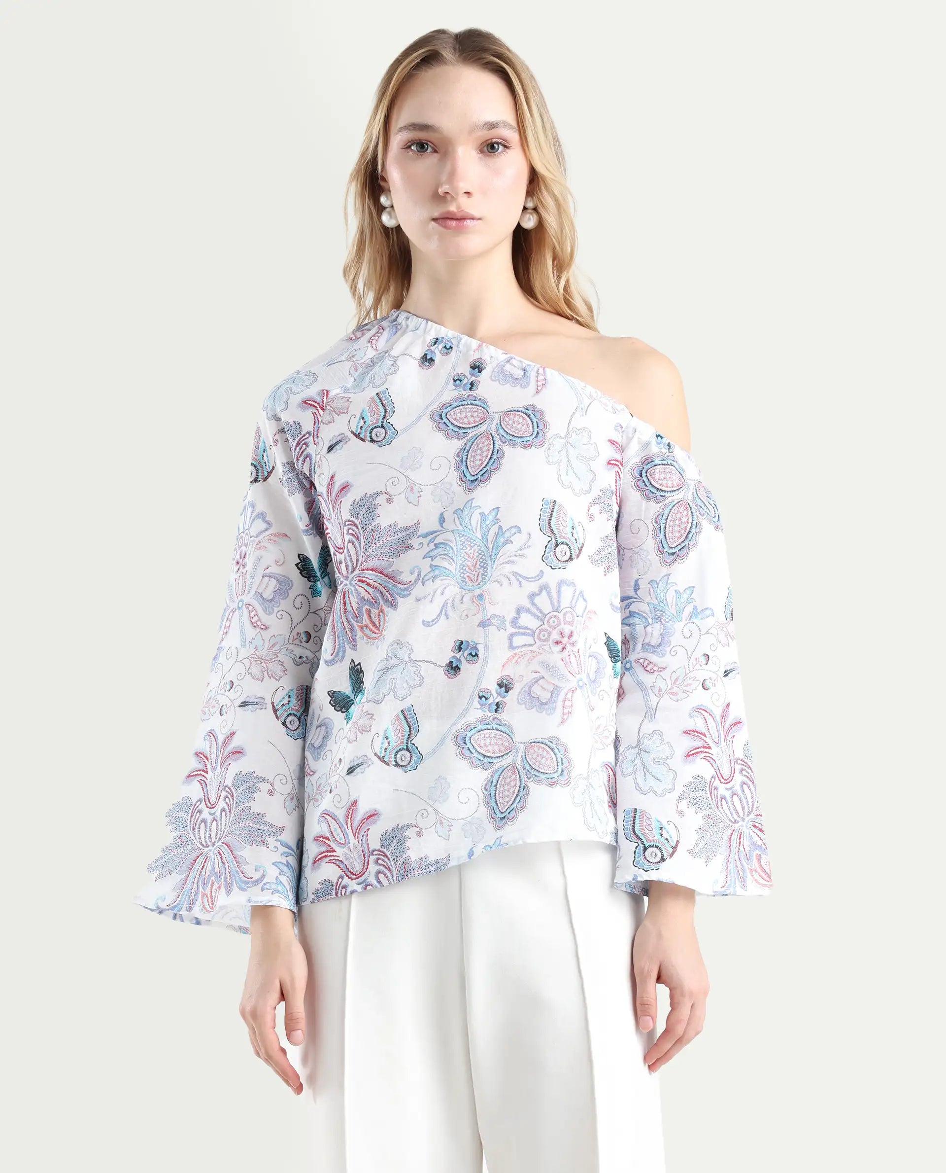 Rareism Women's Feightono Light Multi Cotton Blend One Shoulder Paisley Print Raglan Sleeve Regular Fit Top