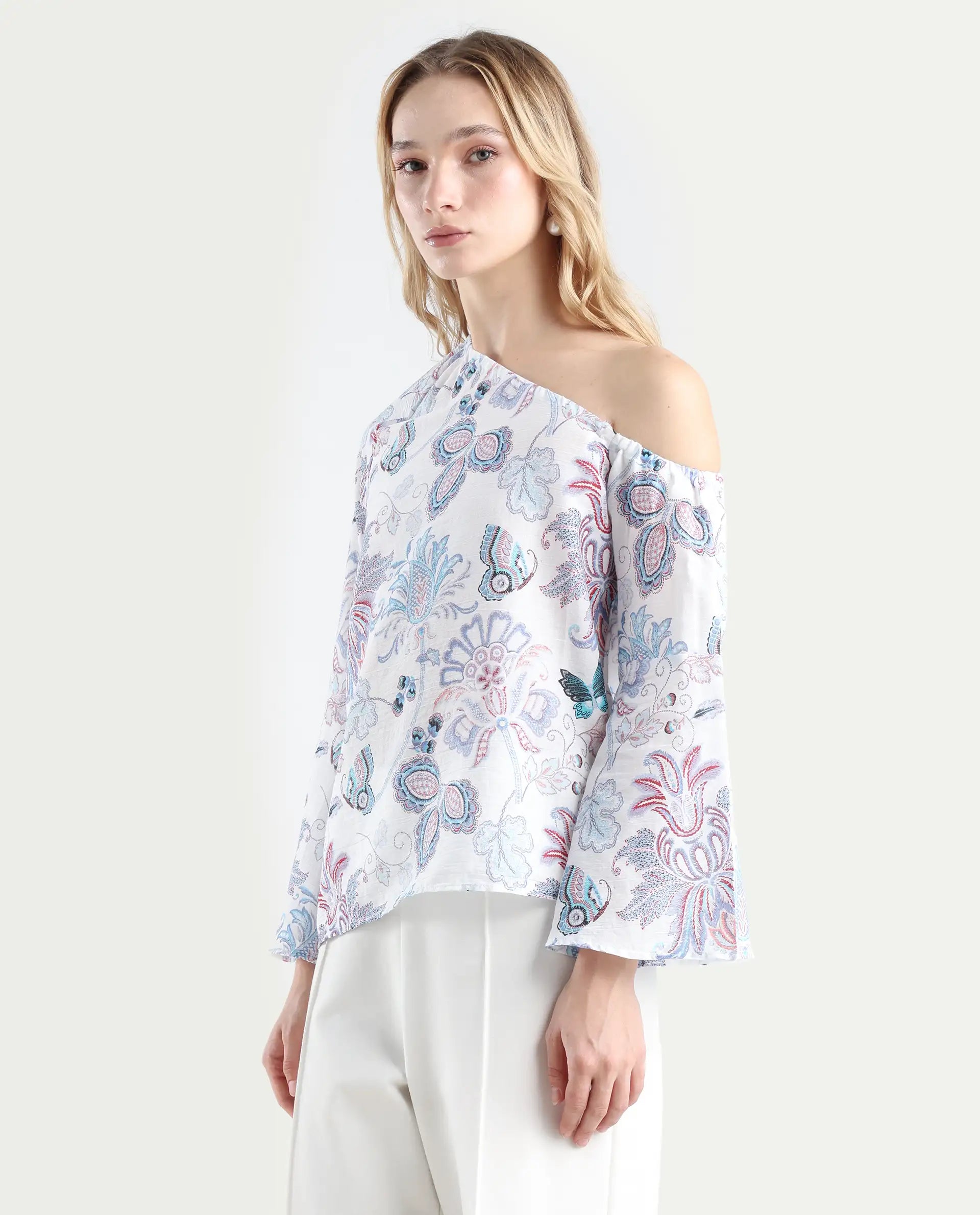 Rareism Women's Feightono Light Multi Cotton Blend One Shoulder Paisley Print Raglan Sleeve Regular Fit Top