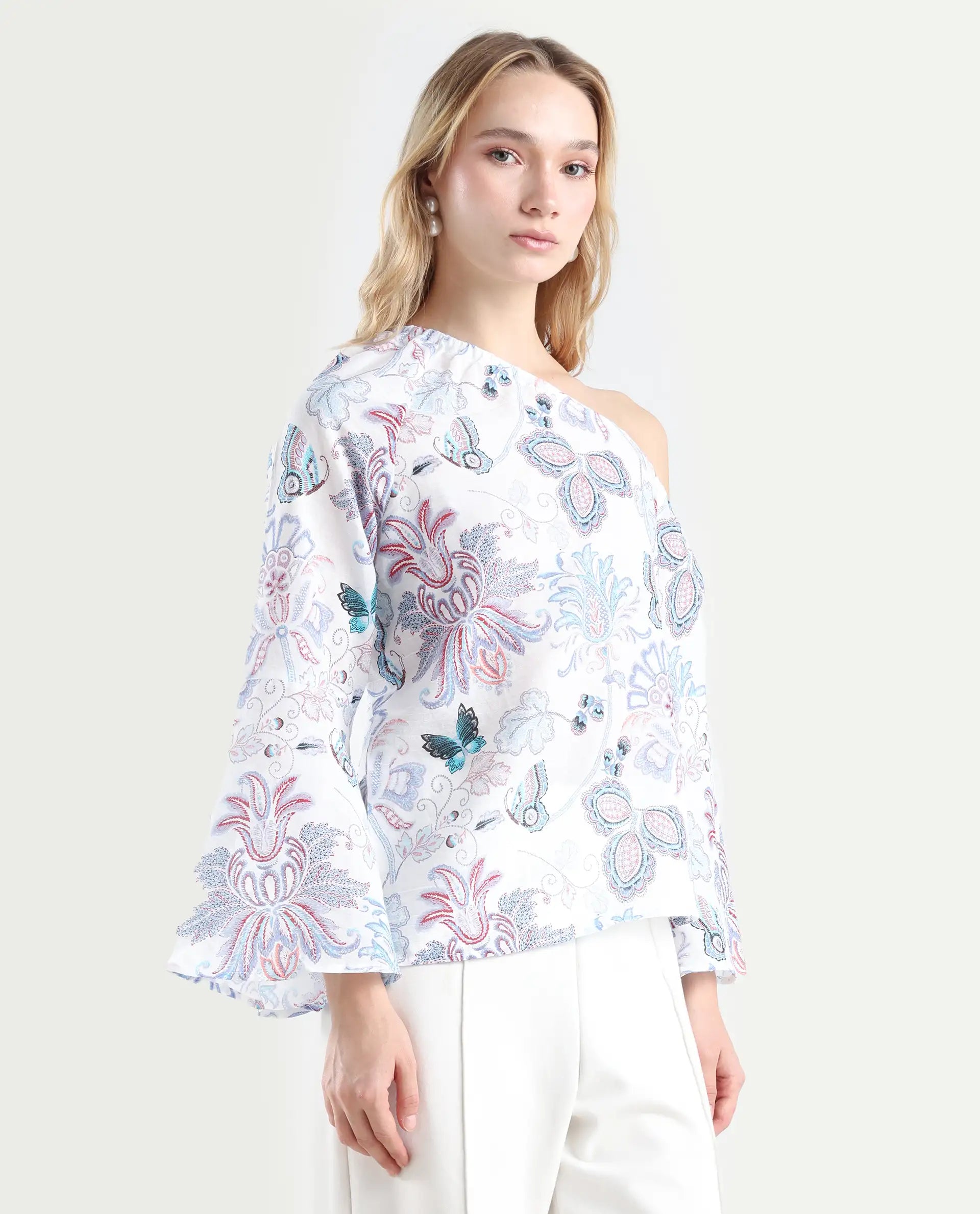 Rareism Women's Feightono Light Multi Cotton Blend One Shoulder Paisley Print Raglan Sleeve Regular Fit Top