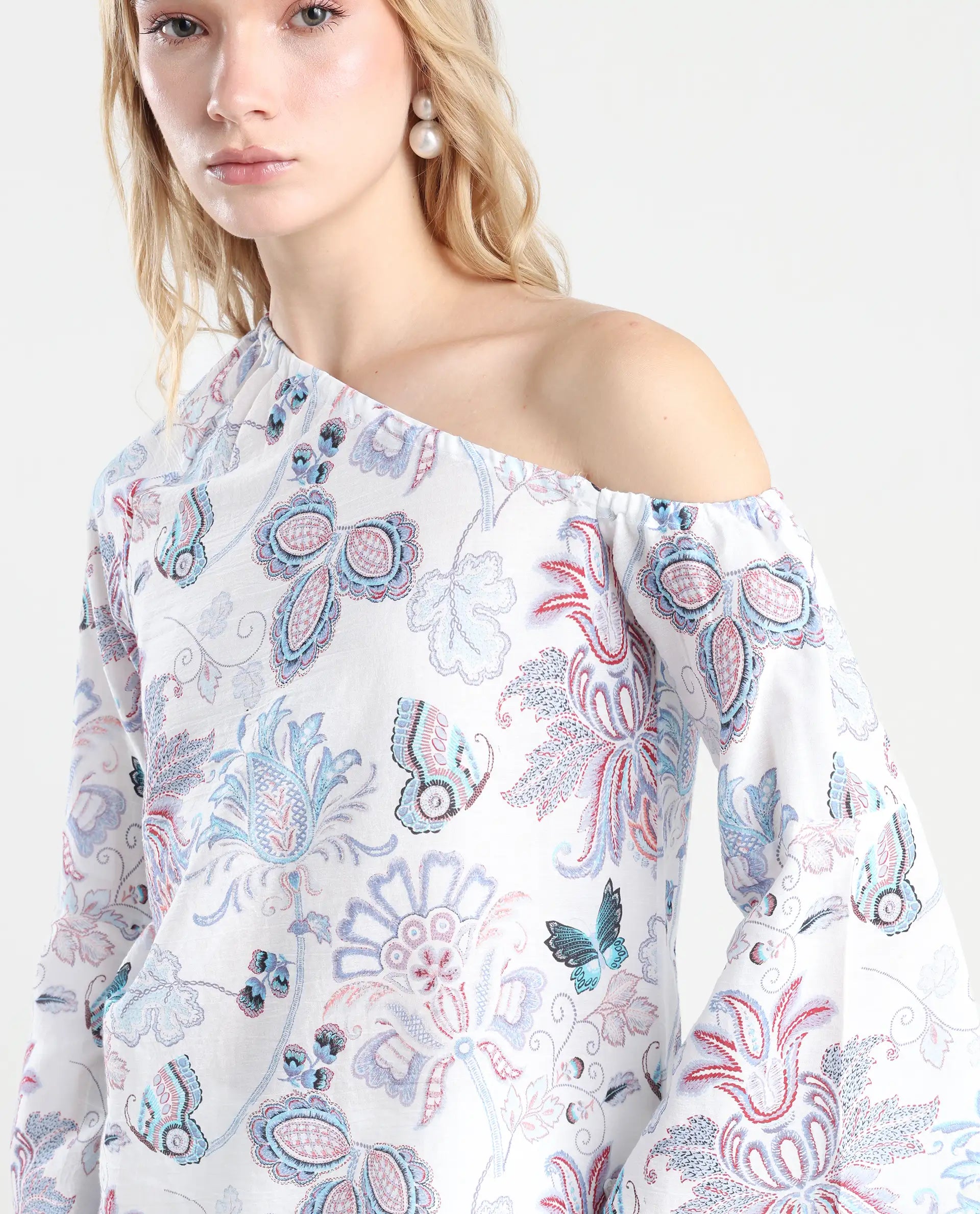 Rareism Women's Feightono Light Multi Cotton Blend One Shoulder Paisley Print Raglan Sleeve Regular Fit Top