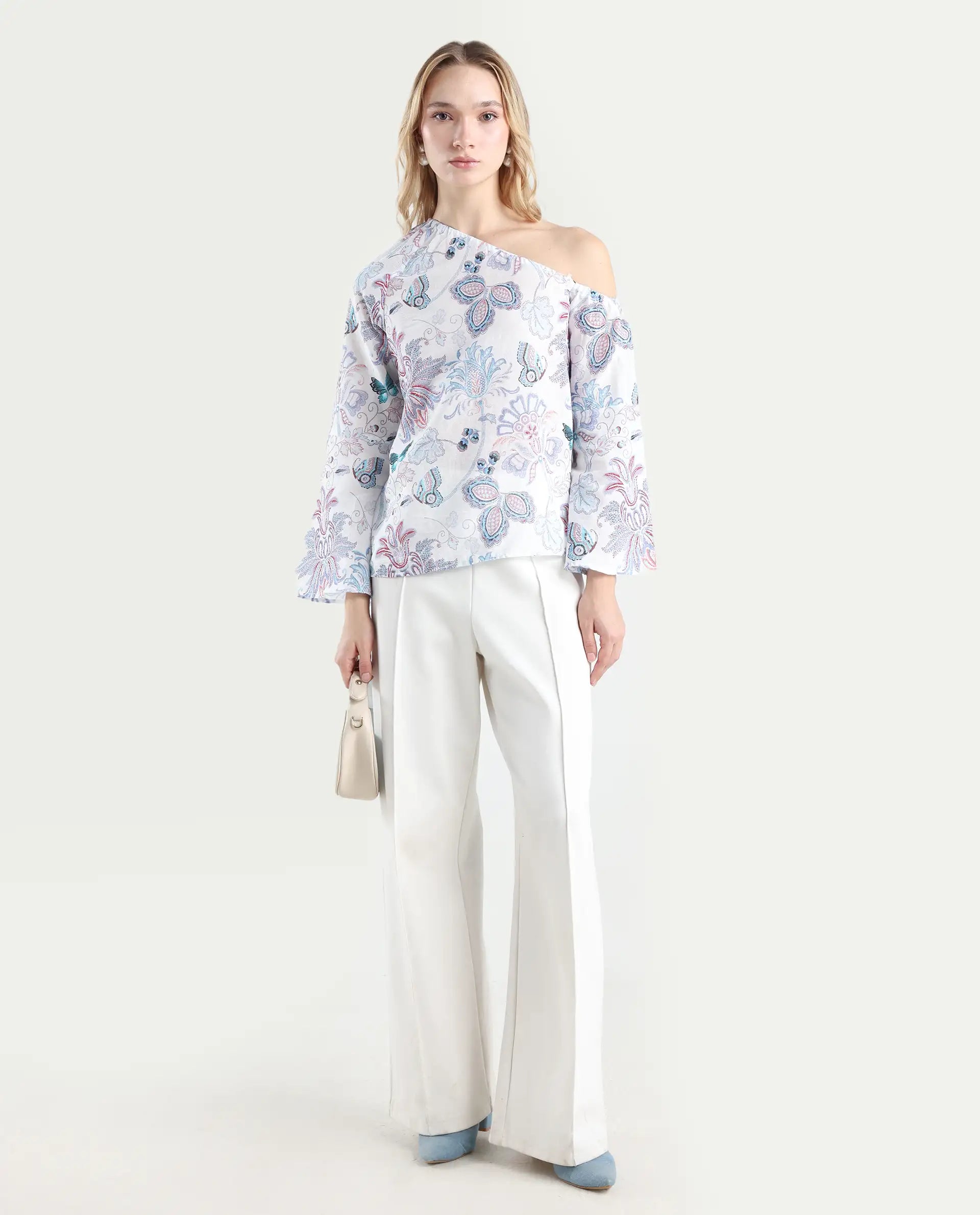 Rareism Women's Feightono Light Multi Cotton Blend One Shoulder Paisley Print Raglan Sleeve Regular Fit Top