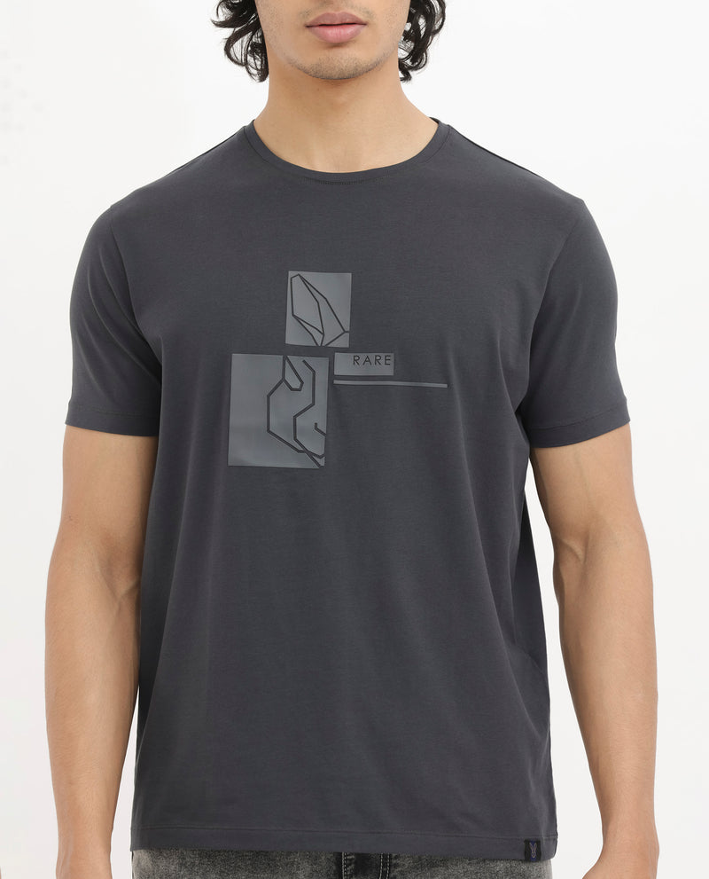 Rare Rabbit Men's Feine Dark Grey Cotton Lycra Fabric Half Sleeves Graphic Logo Print T-Shirt