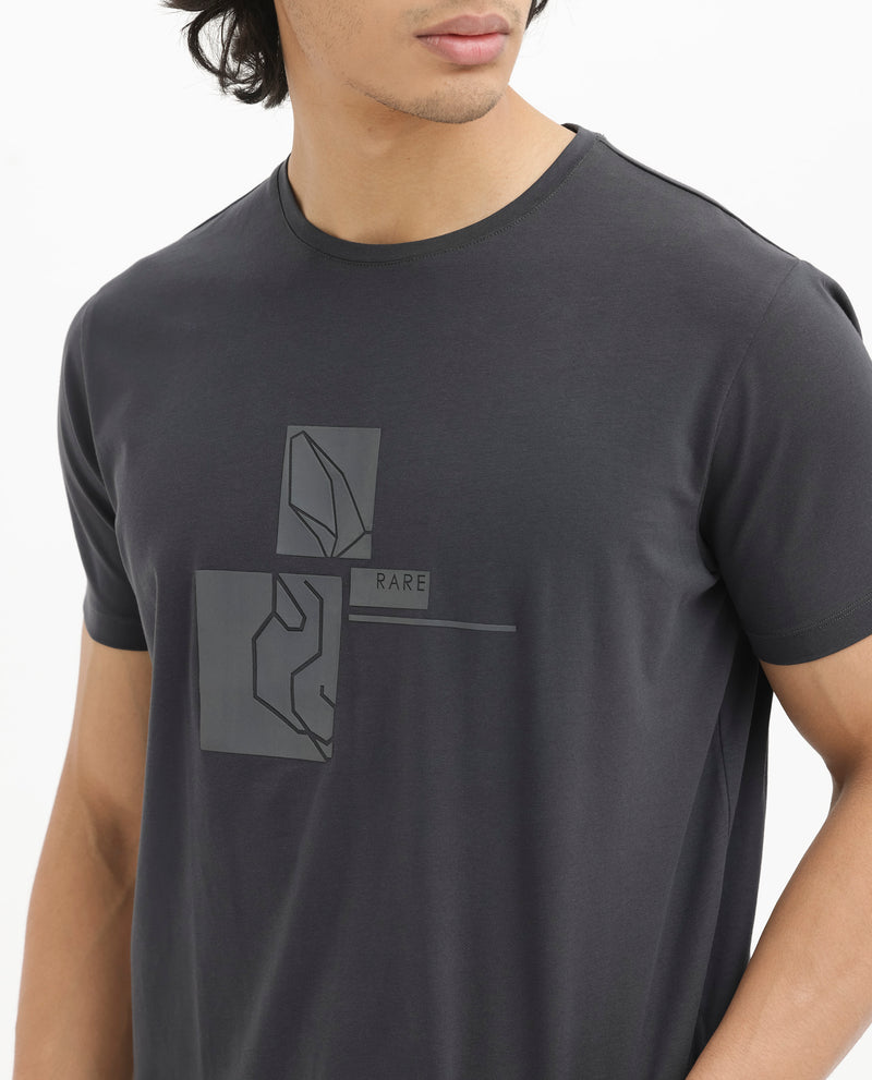 Rare Rabbit Men's Feine Dark Grey Cotton Lycra Fabric Half Sleeves Graphic Logo Print T-Shirt