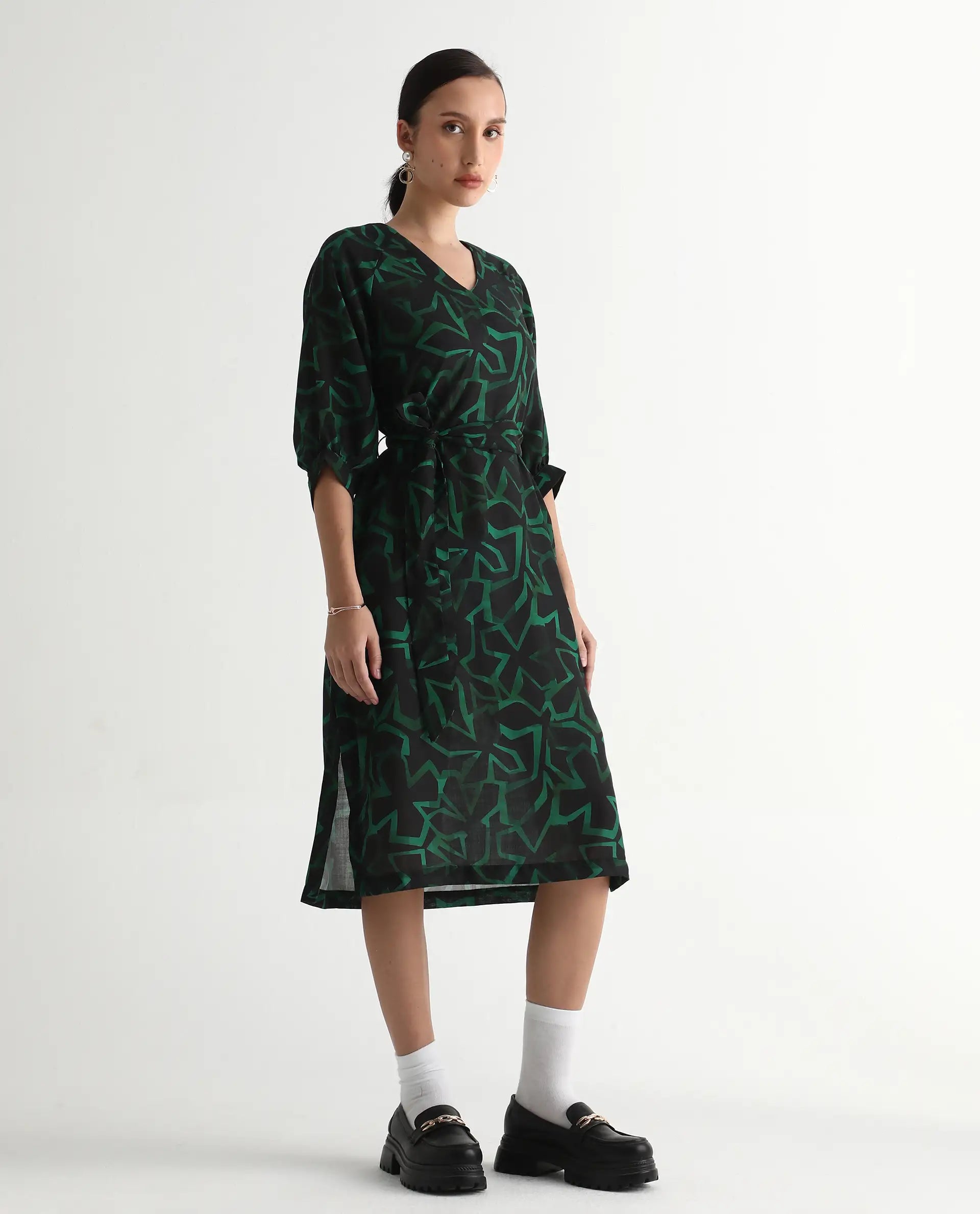 Rareism Women's Feray Dark Black Linen V-Neck Geometric Print Bishop Sleeve Midi A-Line Dress