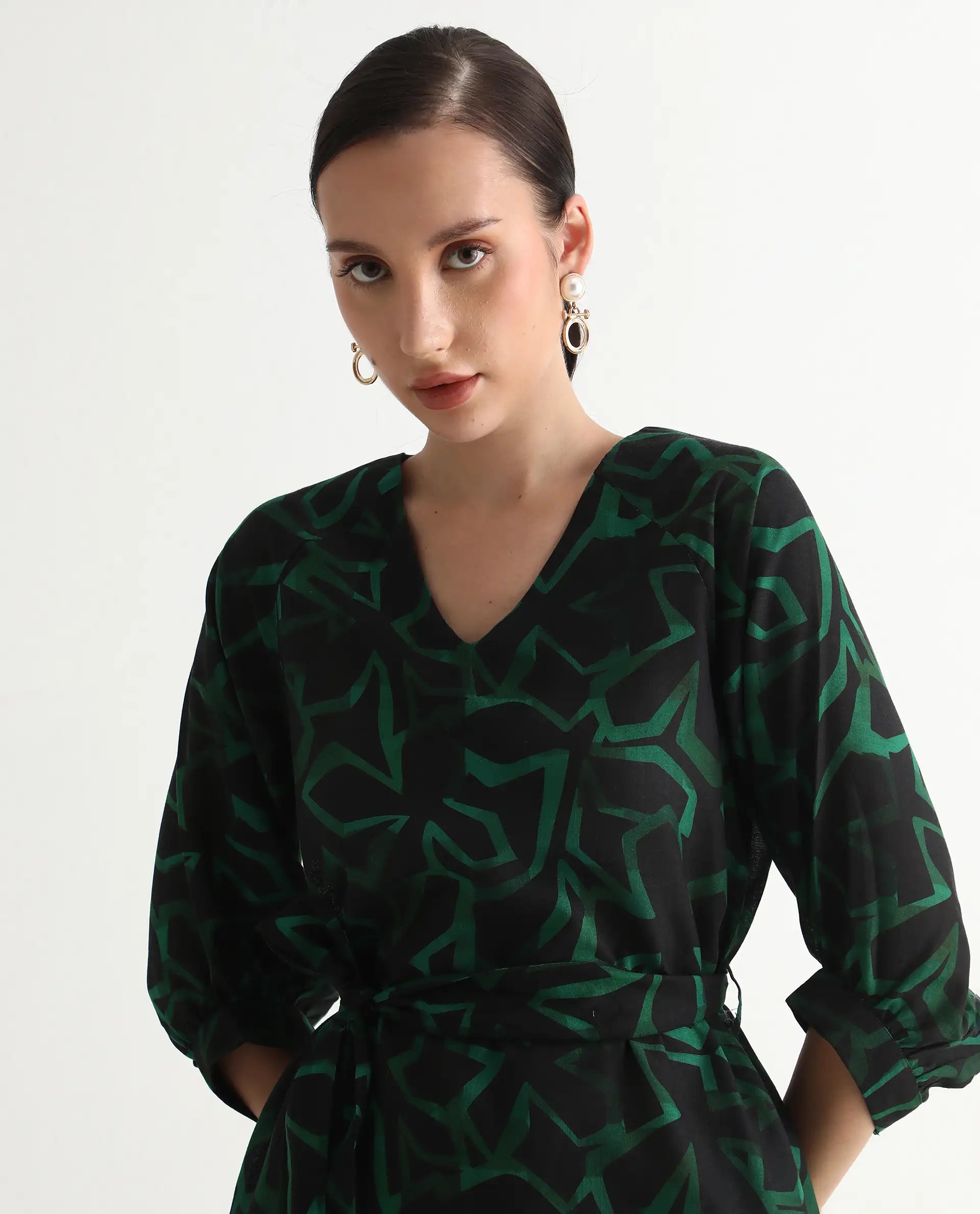 Rareism Women's Feray Dark Black Linen V-Neck Geometric Print Bishop Sleeve Midi A-Line Dress