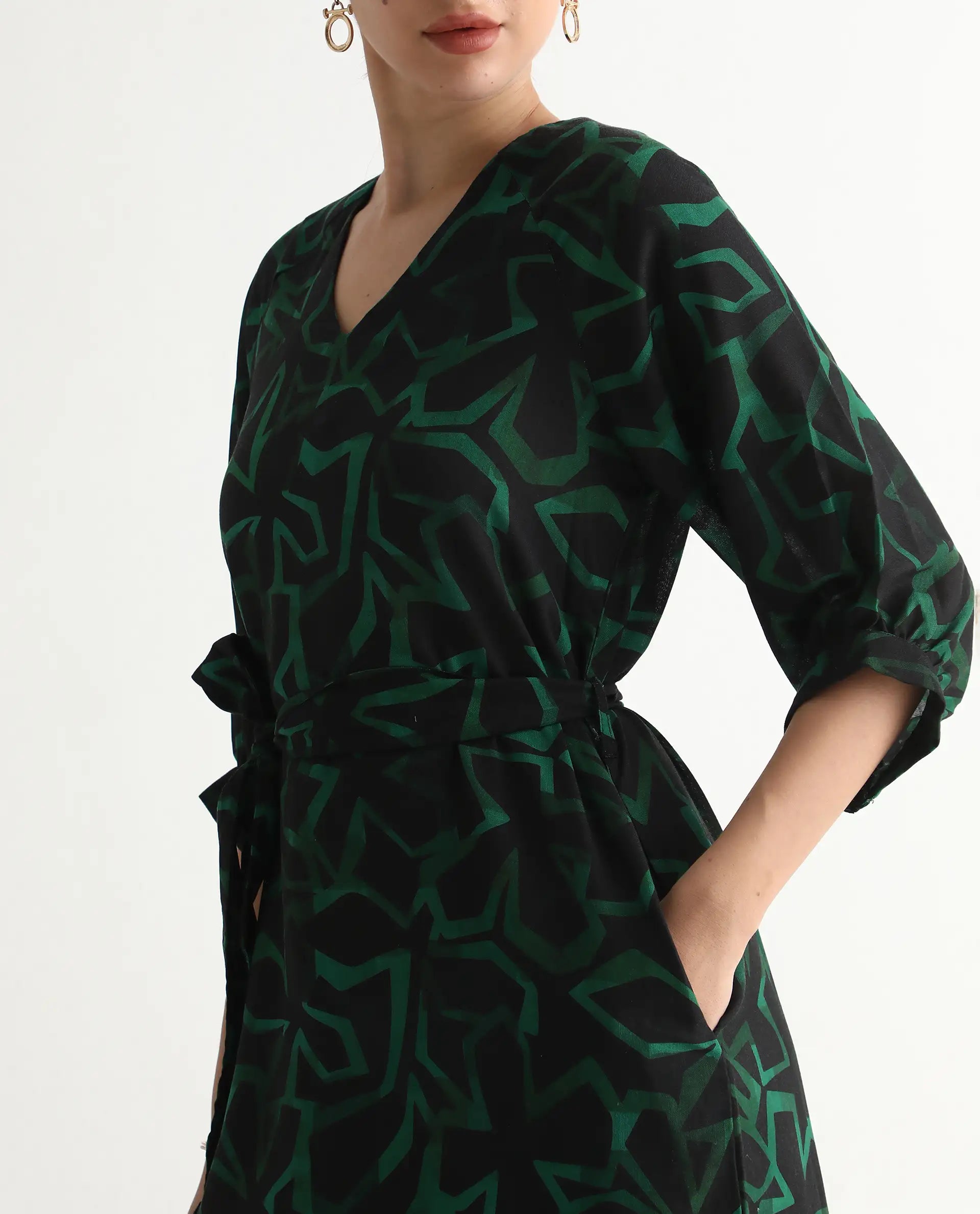 Rareism Women's Feray Dark Black Linen V-Neck Geometric Print Bishop Sleeve Midi A-Line Dress