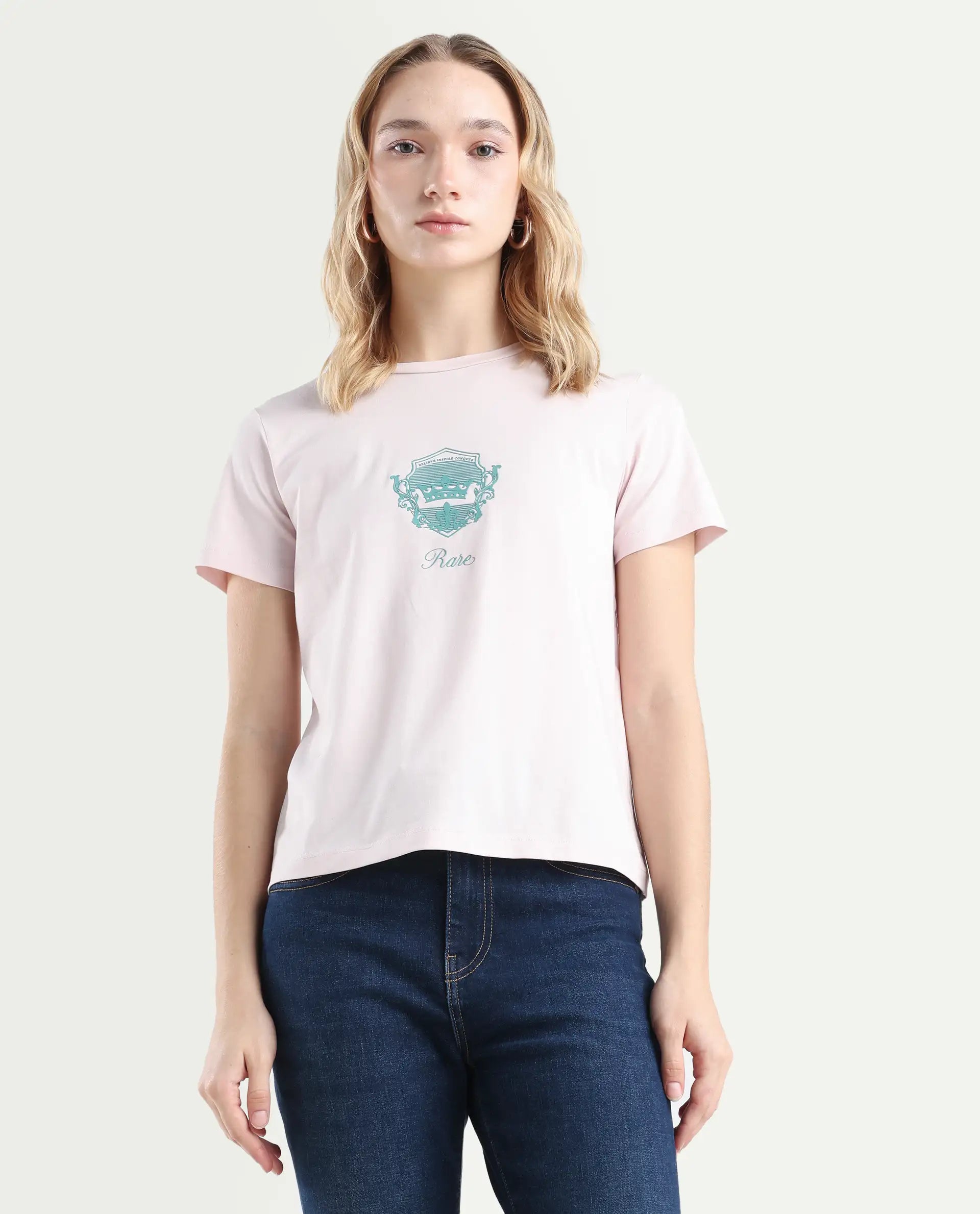 Rareism Women's Fila Pastel Pink Cotton Blend Crew Neck Graphic Print Regular Fit T-Shirt