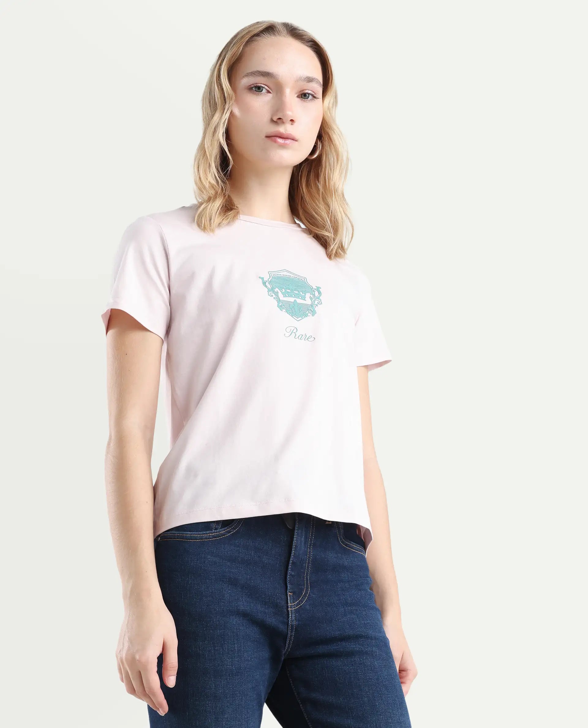 Rareism Women's Fila Pastel Pink Cotton Blend Crew Neck Graphic Print Regular Fit T-Shirt