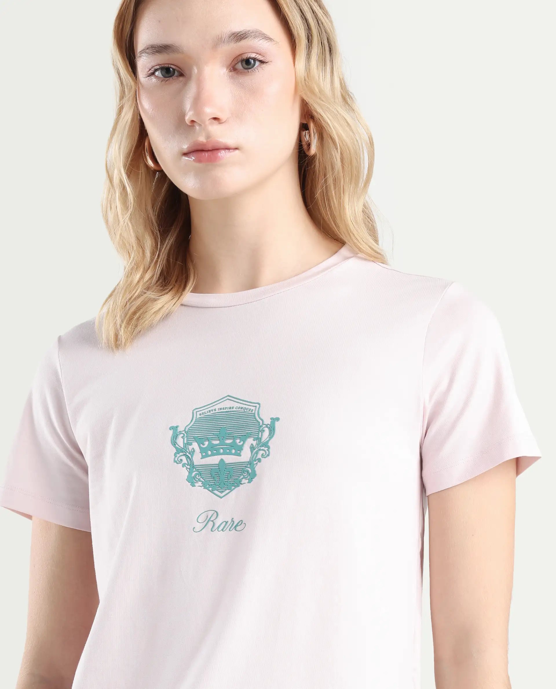 Rareism Women's Fila Pastel Pink Cotton Blend Crew Neck Graphic Print Regular Fit T-Shirt