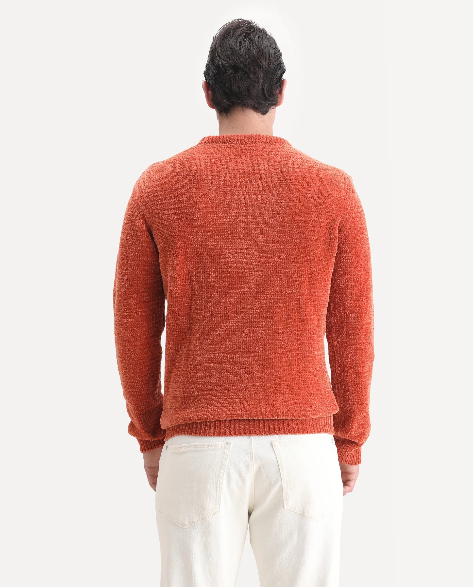 Rare Rabbit Men's Finkle Orange Cotton Textured Relaxed Fit Full Sleeve Crew Neck Sweater