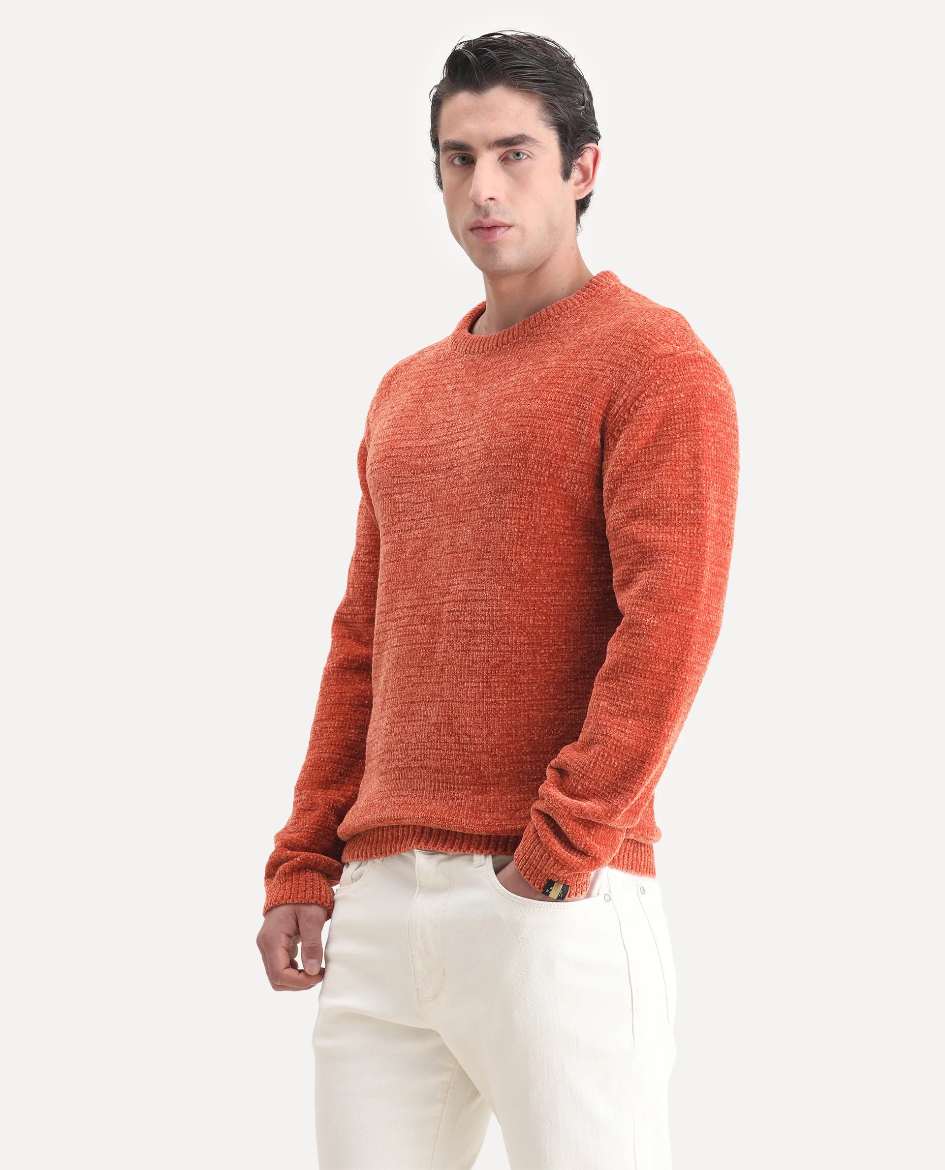 Rare Rabbit Men's Finkle Orange Cotton Textured Relaxed Fit Full Sleeve Crew Neck Sweater