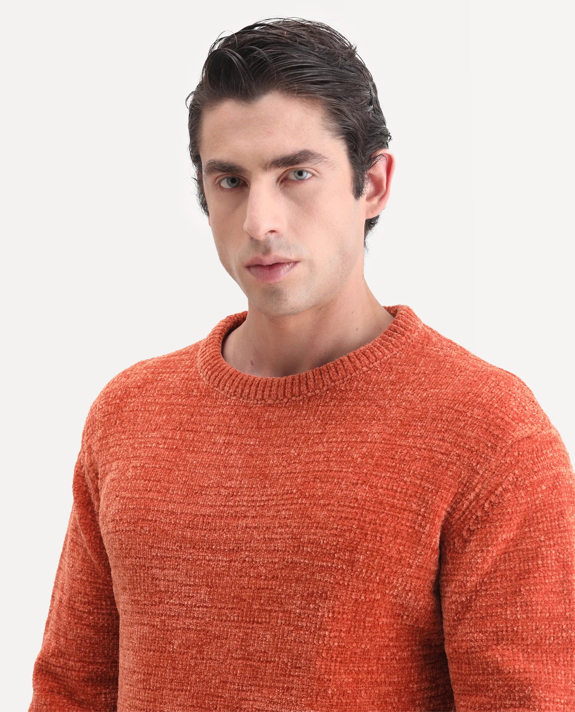 Rare Rabbit Men's Finkle Orange Cotton Textured Relaxed Fit Full Sleeve Crew Neck Sweater