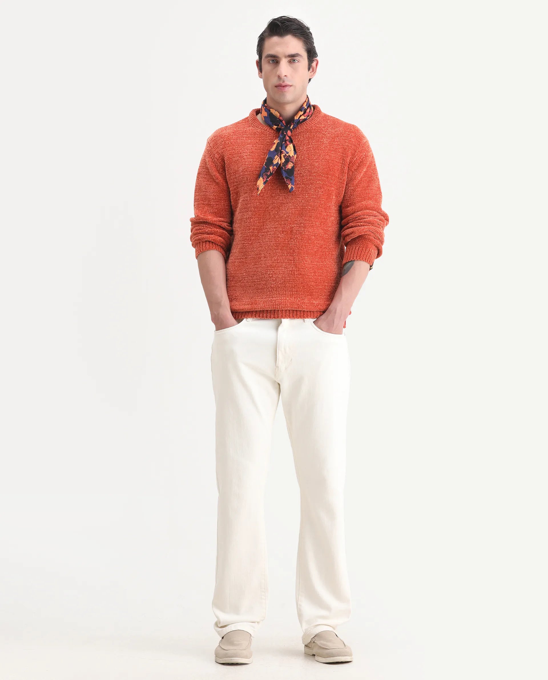 Rare Rabbit Men's Finkle Orange Cotton Textured Relaxed Fit Full Sleeve Crew Neck Sweater
