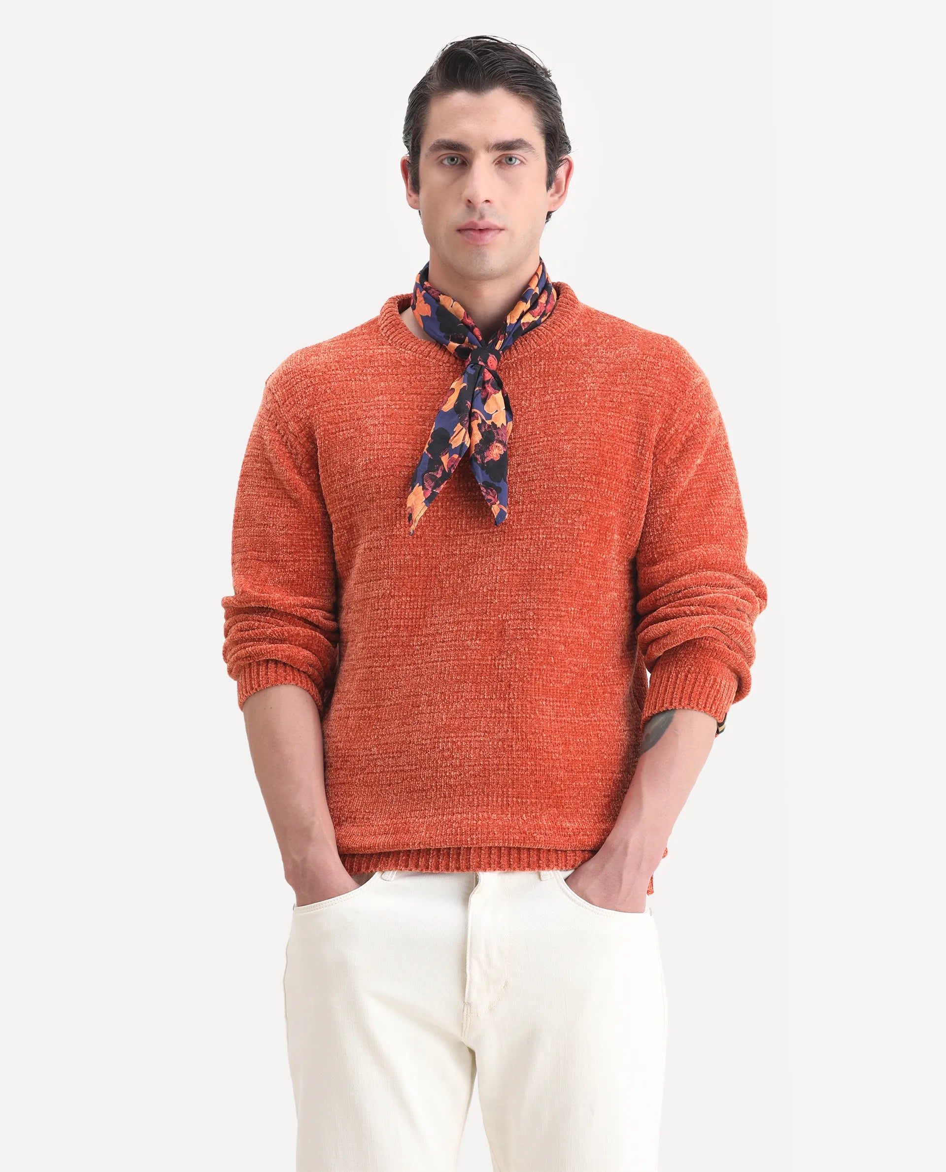 Rare Rabbit Men's Finkle Orange Cotton Textured Relaxed Fit Full Sleeve Crew Neck Sweater