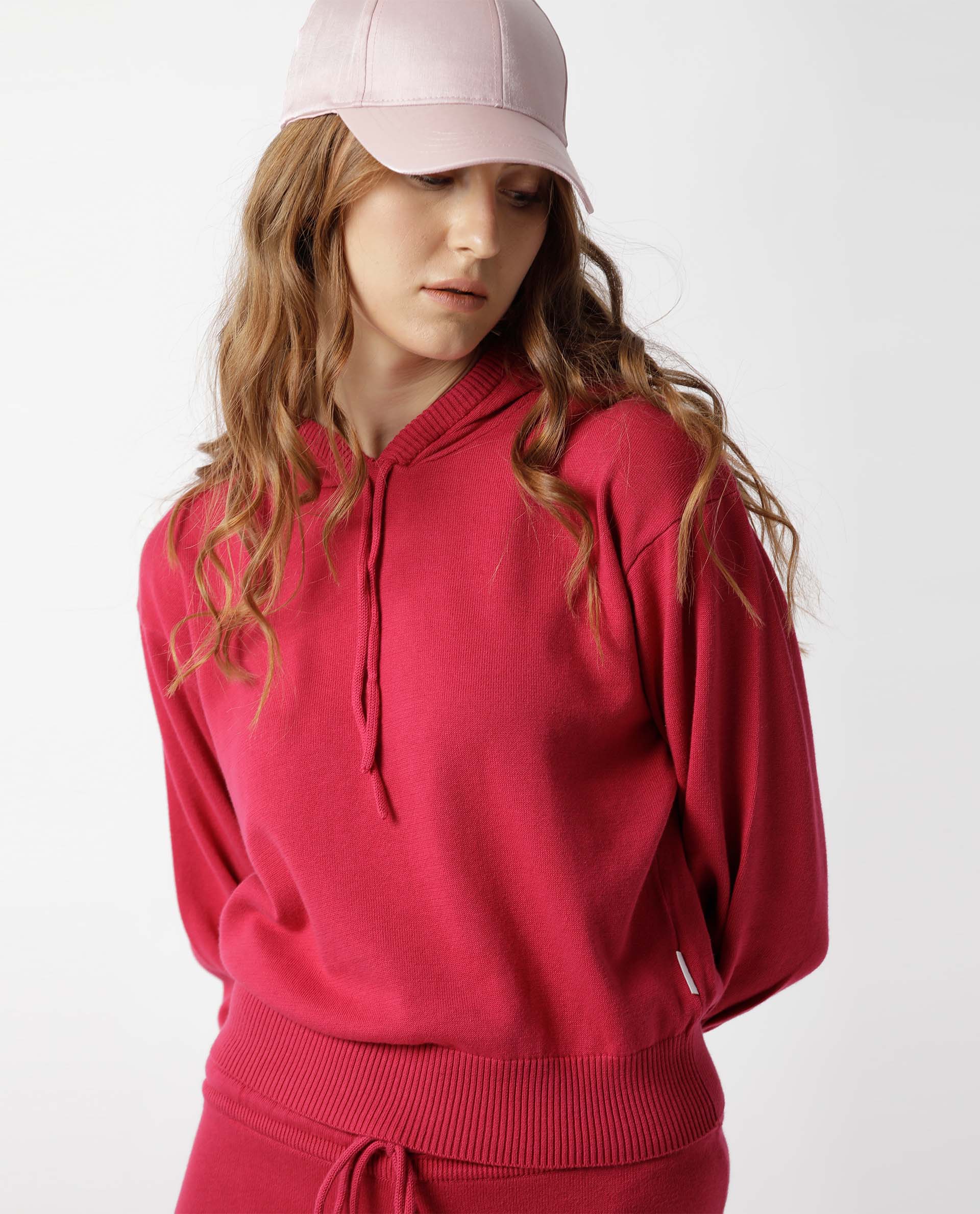 Rareism Women Finn Sweat Dark Pink Cotton Fabric Full Sleeves Relaxed Fit Solid Hooded Sweater