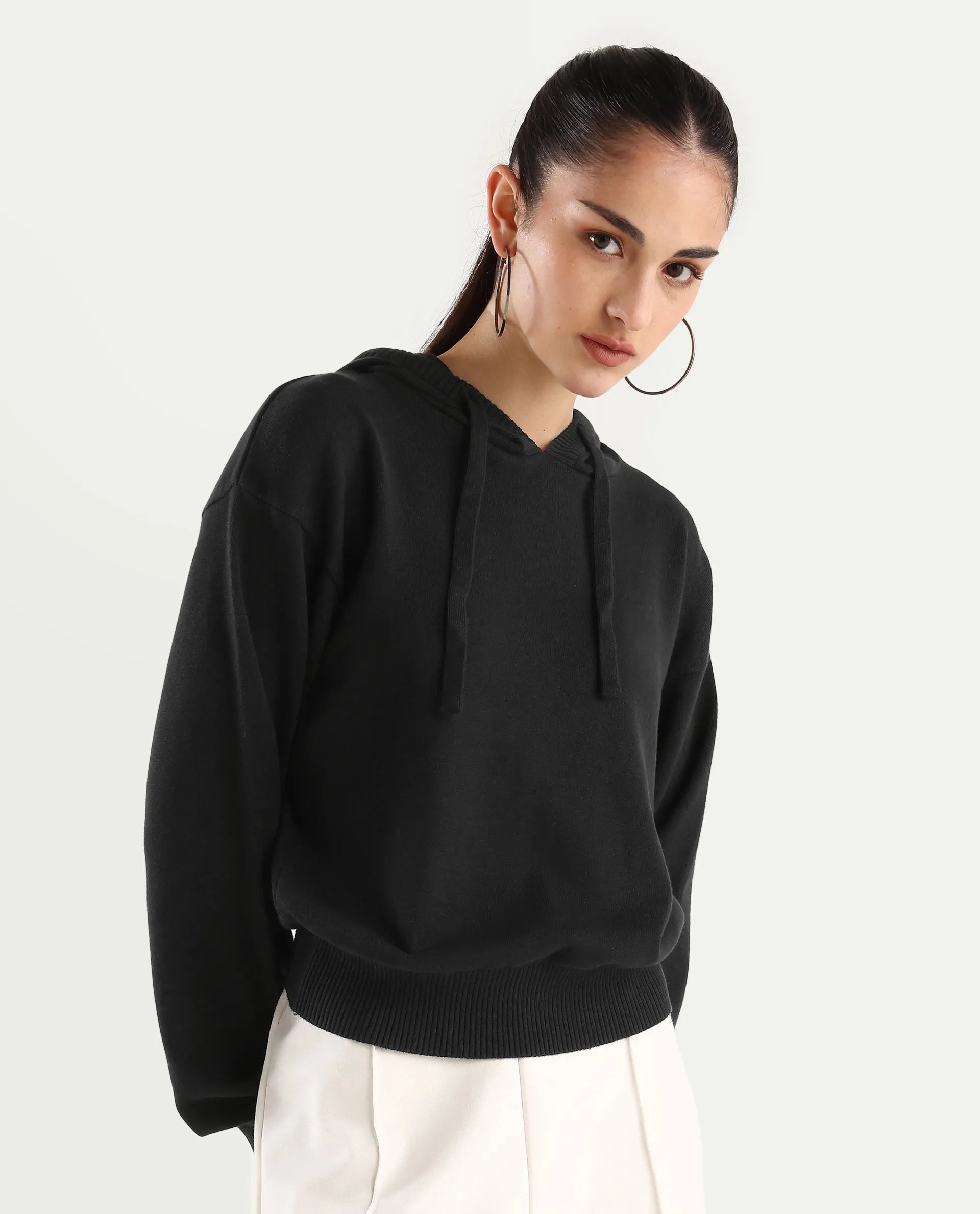 Rareism Women's Finnet T Black Knit Hooded Plain Relaxed Fit Sweater