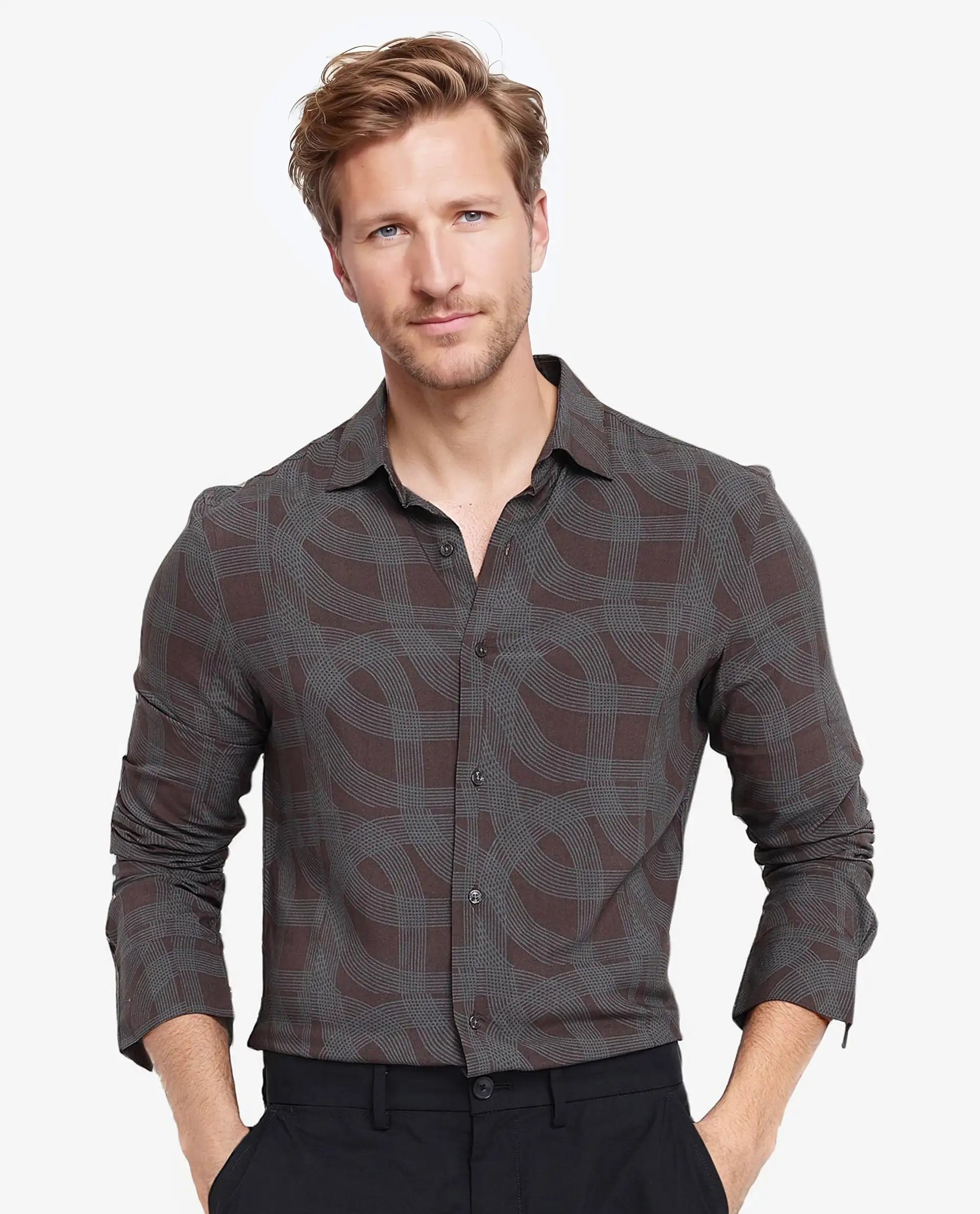 Rare Rabbit Men Fiskur Dark Brown Full Sleeve Button Closure Regular Fit Geometric Print Shirt