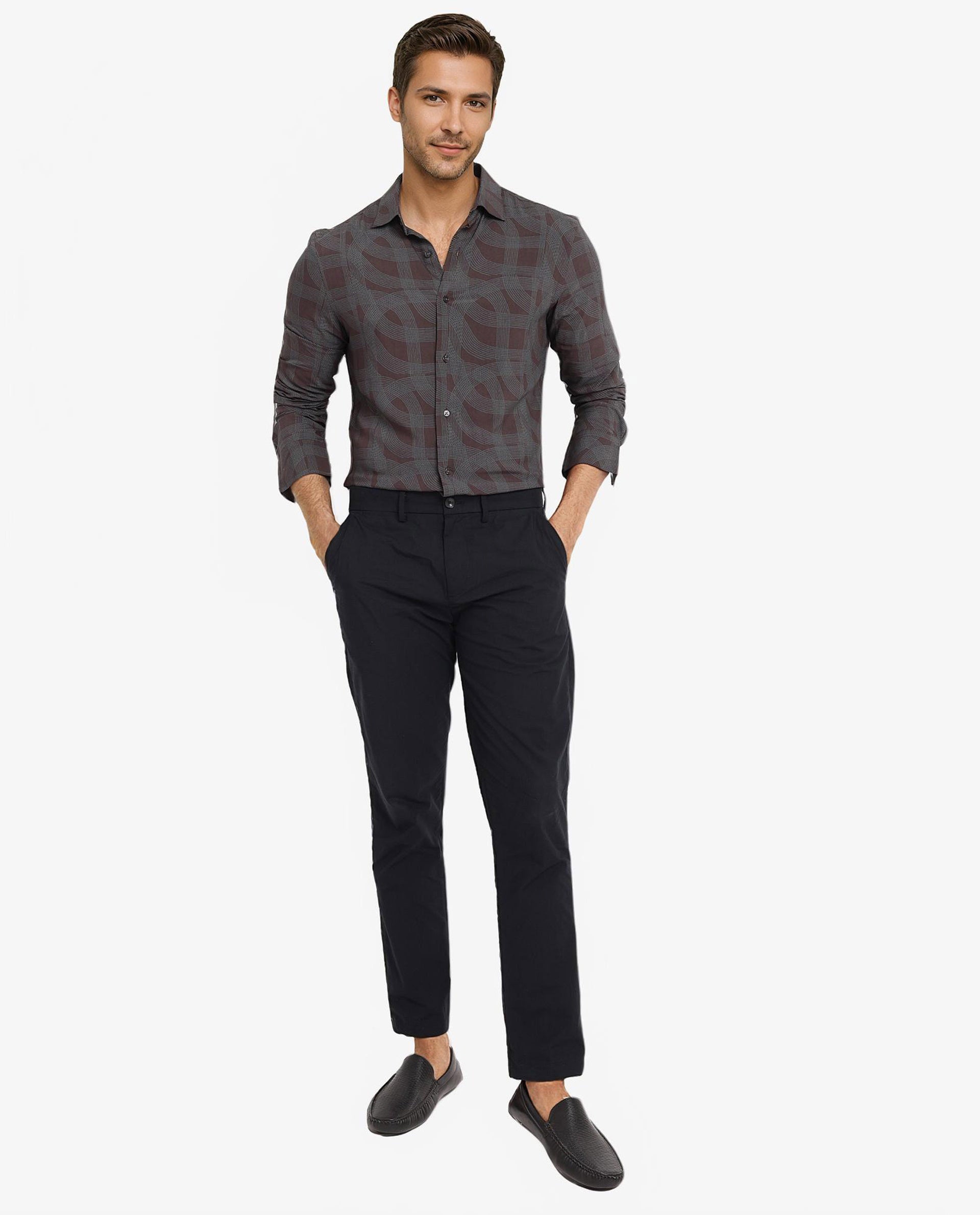 Rare Rabbit Men Fiskur Dark Brown Full Sleeve Button Closure Regular Fit Geometric Print Shirt