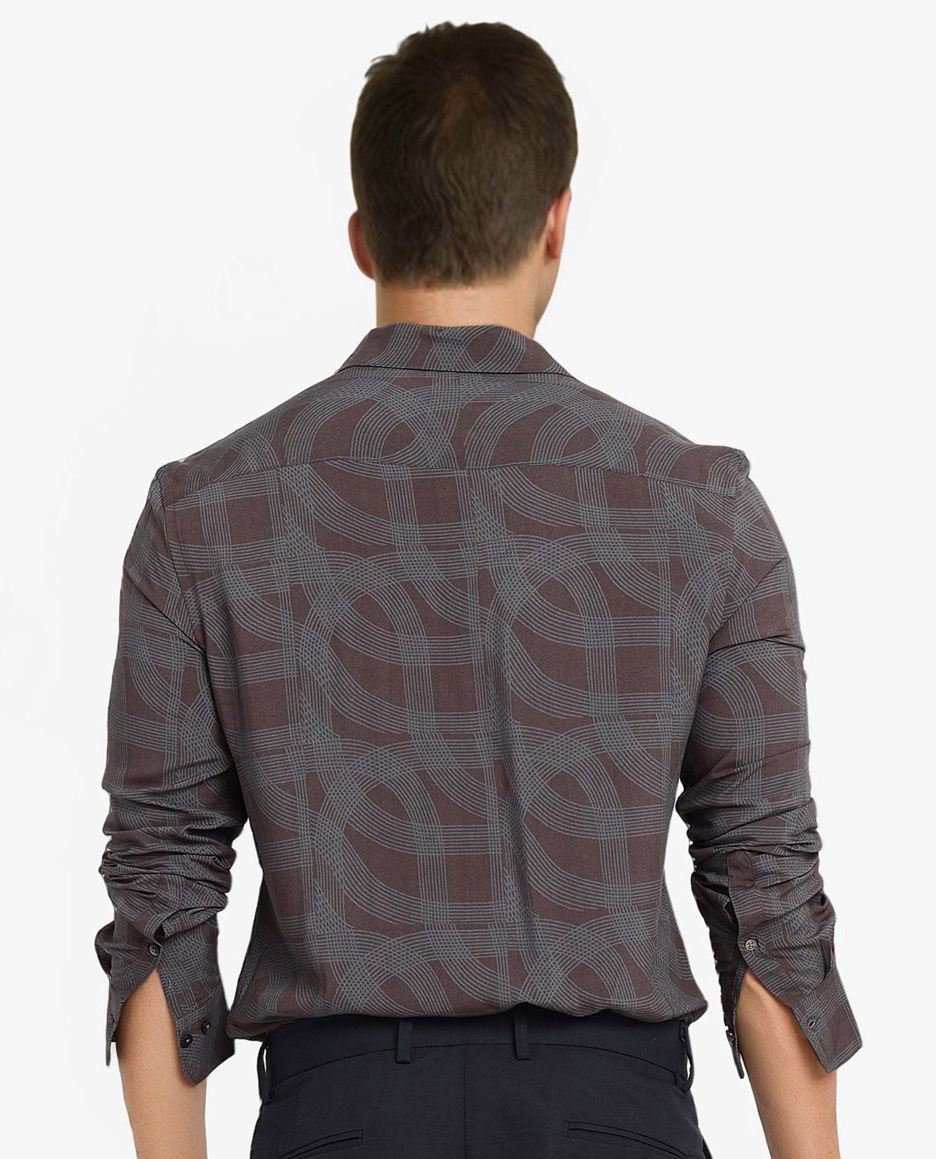 Rare Rabbit Men Fiskur Dark Brown Full Sleeve Button Closure Regular Fit Geometric Print Shirt