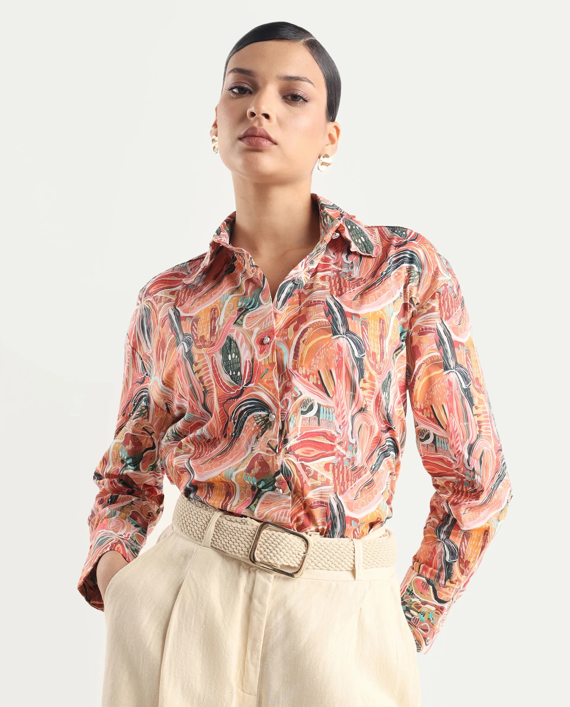 Rareism Women's Fitte Multi Cotton Drop Collar Abstract Print Cuffed Sleeve Regular Fit Shirt