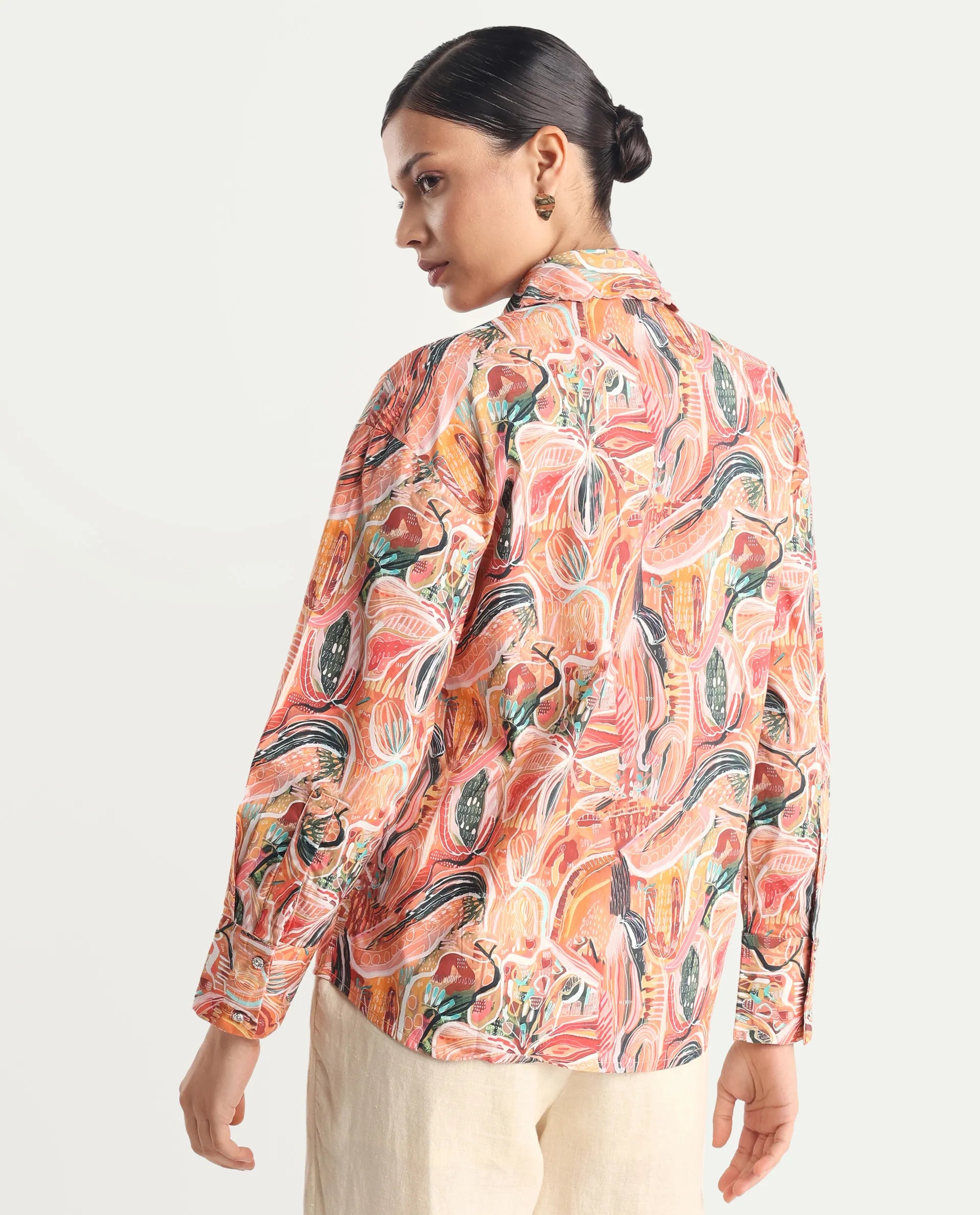 Rareism Women's Fitte Multi Cotton Drop Collar Abstract Print Cuffed Sleeve Regular Fit Shirt