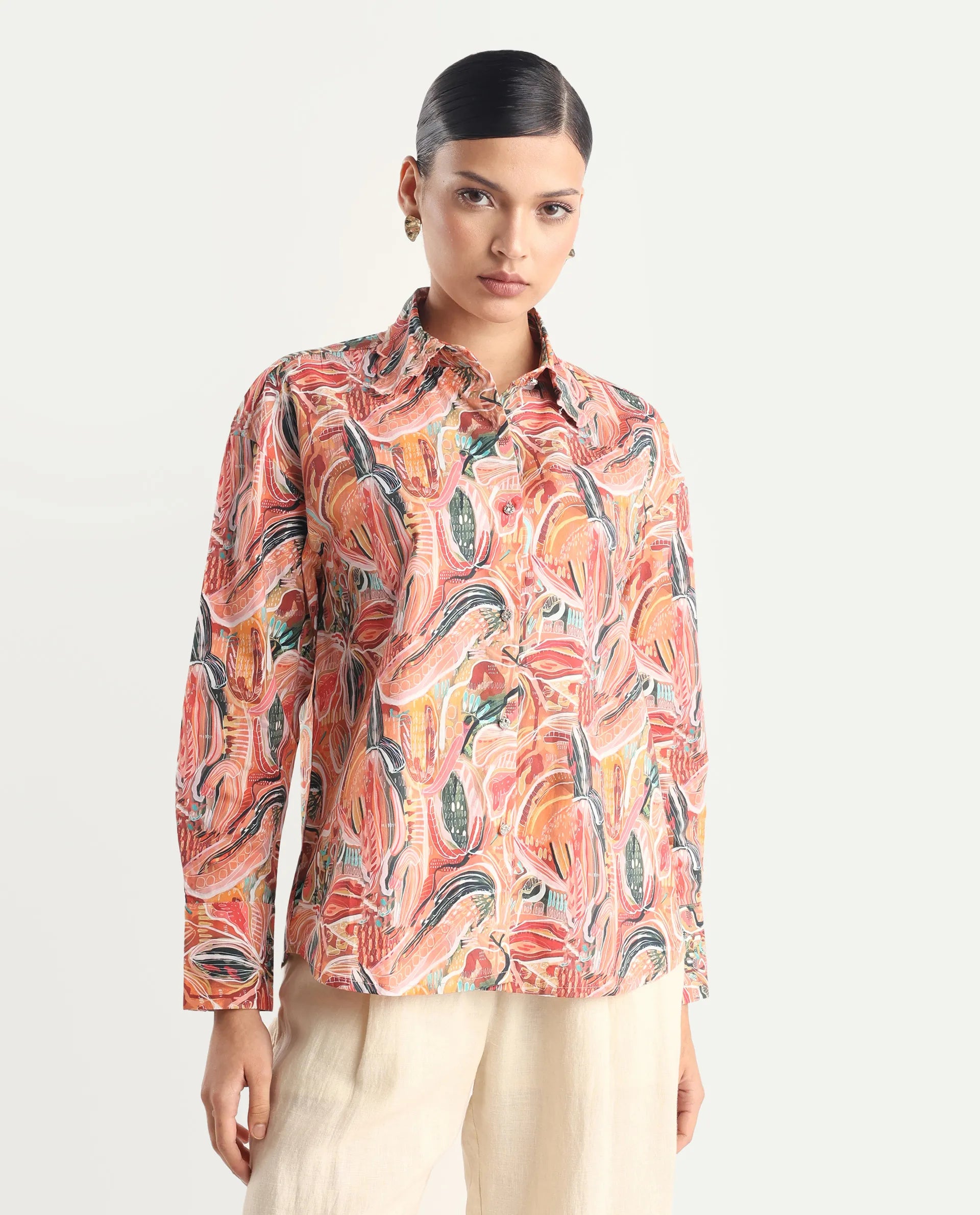 Rareism Women's Fitte Multi Cotton Drop Collar Abstract Print Cuffed Sleeve Regular Fit Shirt