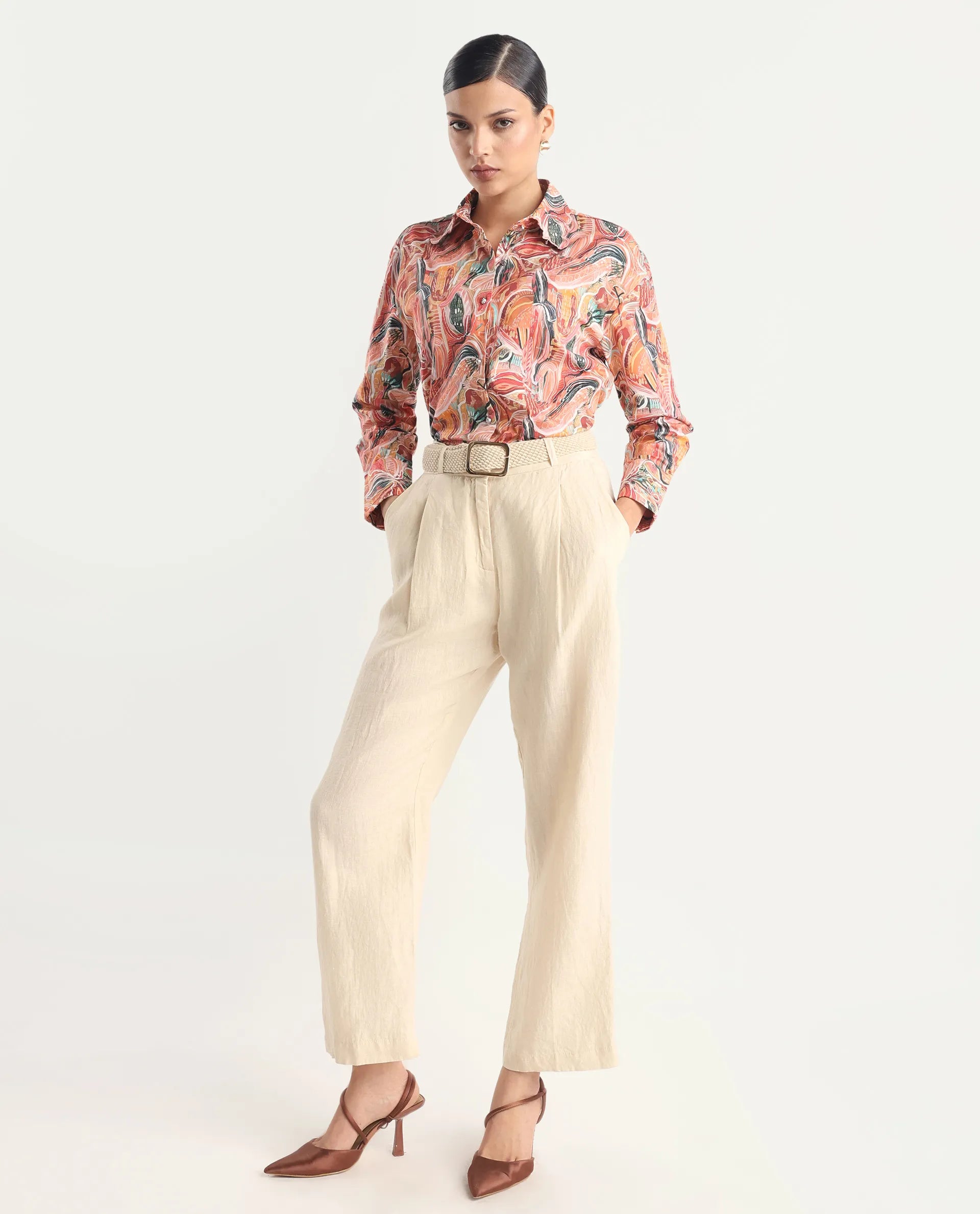 Rareism Women's Fitte Multi Cotton Drop Collar Abstract Print Cuffed Sleeve Regular Fit Shirt