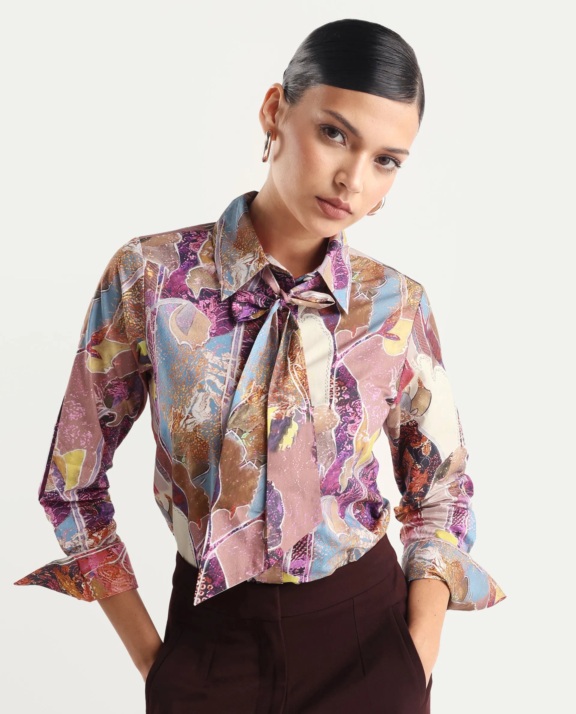 Rareism Women's Fittop Multi Cotton Spread Collar Abstract Print Cuffed Sleeve Regular Fit Top