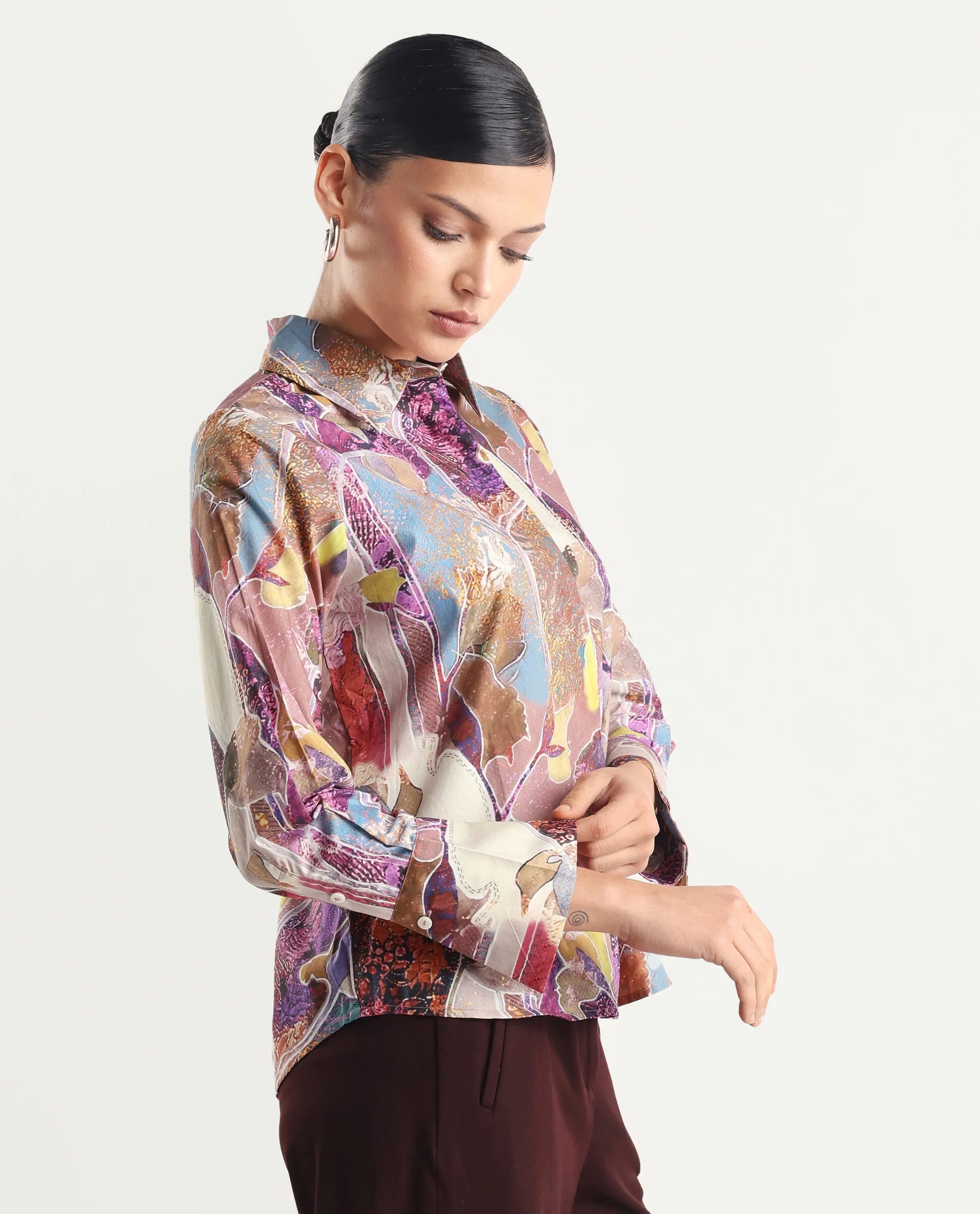 Rareism Women's Fittop Multi Cotton Spread Collar Abstract Print Cuffed Sleeve Regular Fit Top