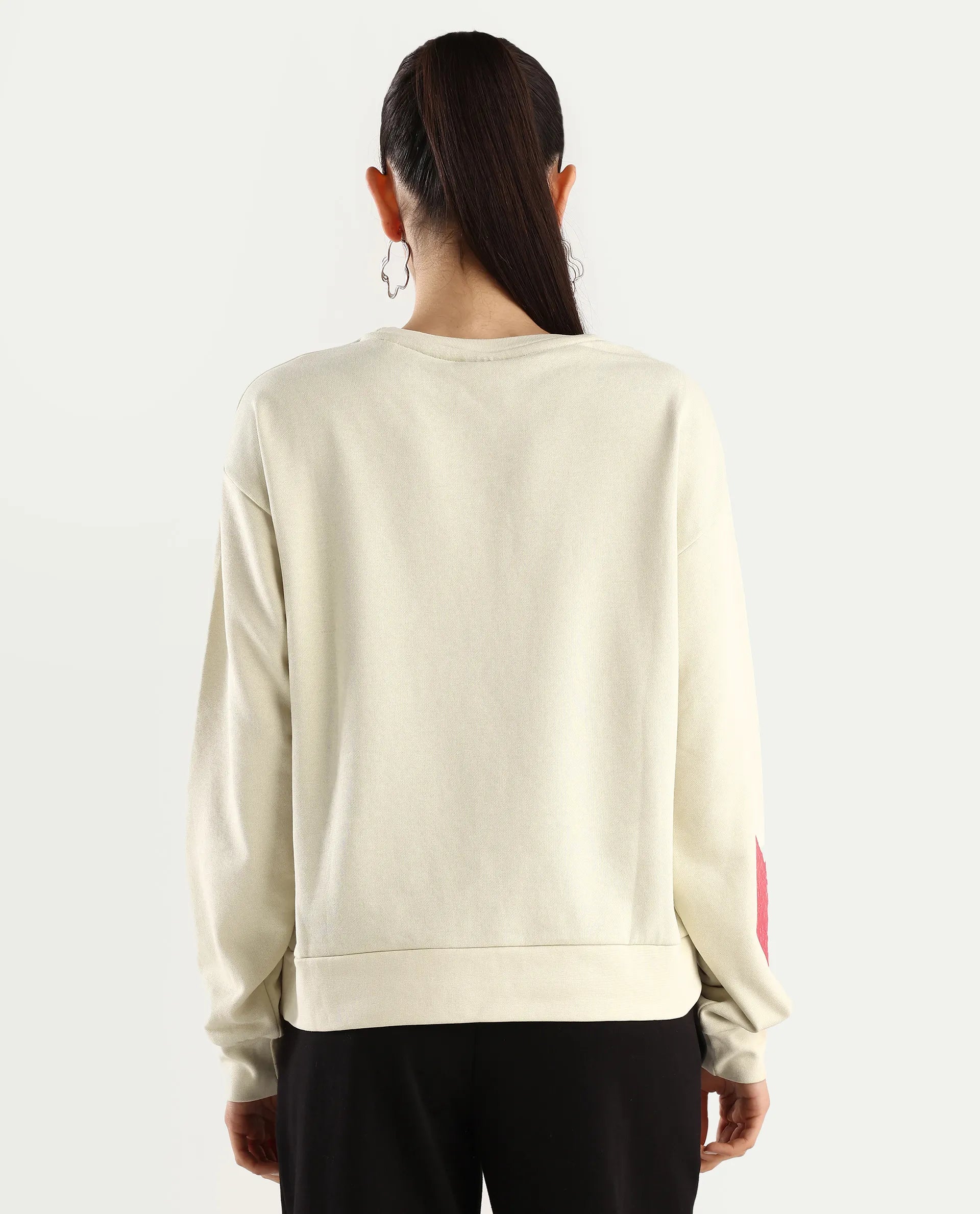 Rareism Women's Flar Light Beige Cotton Blend Crew Neck Graphic Print Relaxed Fit Sweatshirt