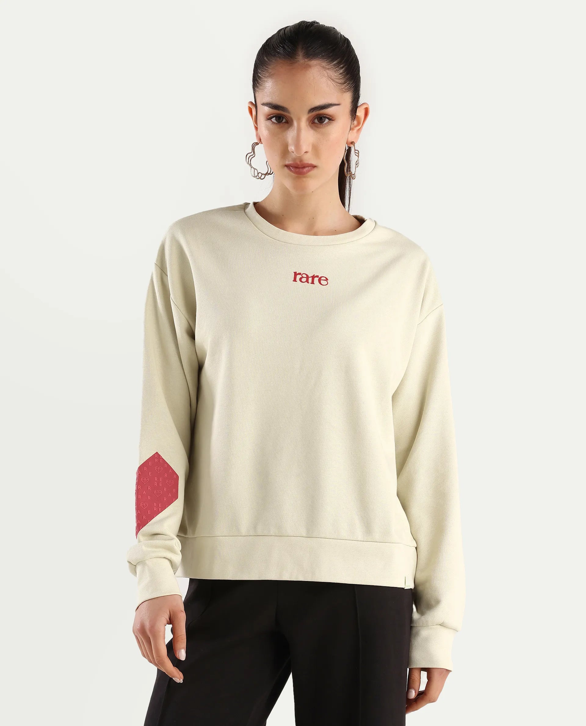 Rareism Women's Flar Light Beige Cotton Blend Crew Neck Graphic Print Relaxed Fit Sweatshirt