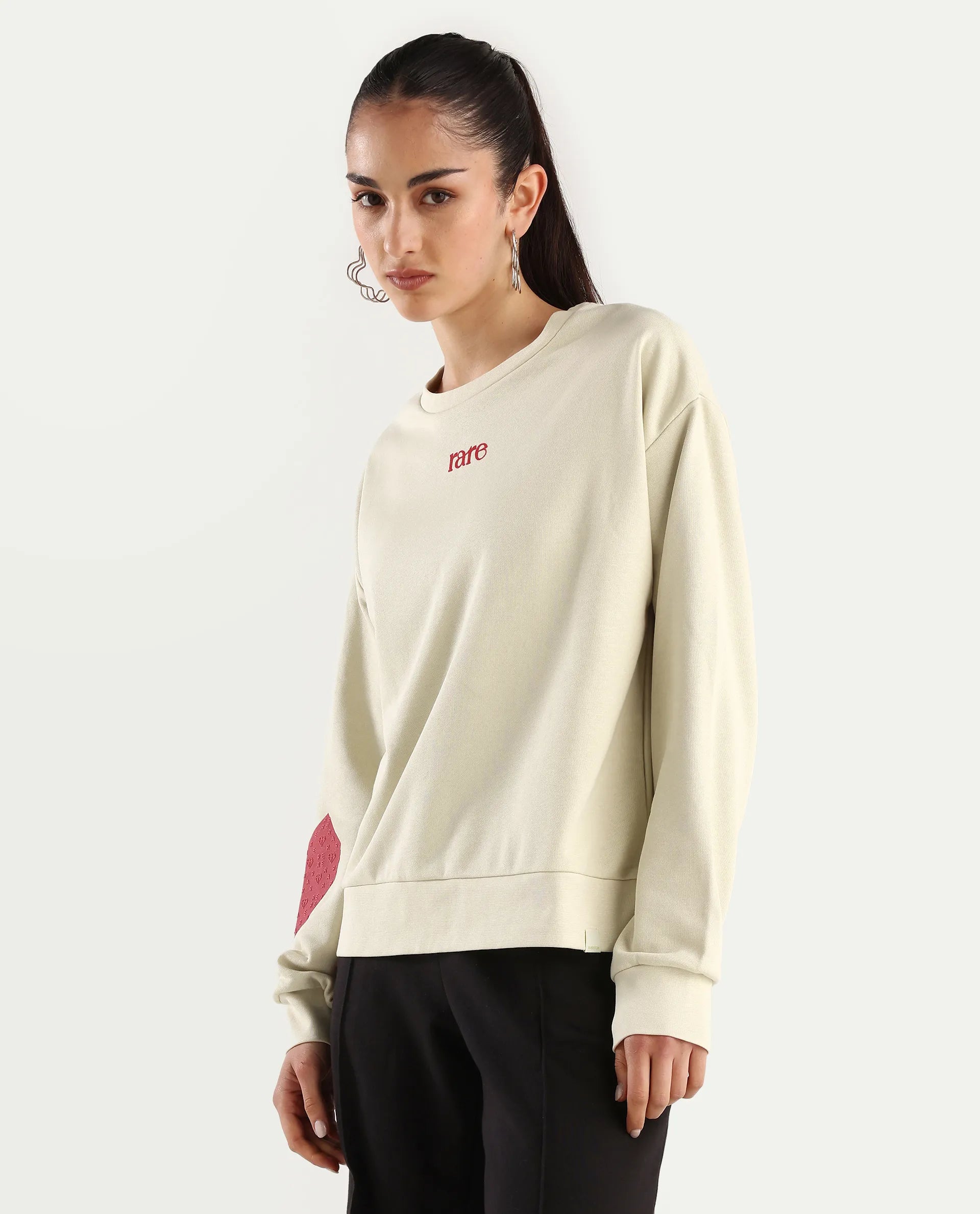 Rareism Women's Flar Light Beige Cotton Blend Crew Neck Graphic Print Relaxed Fit Sweatshirt