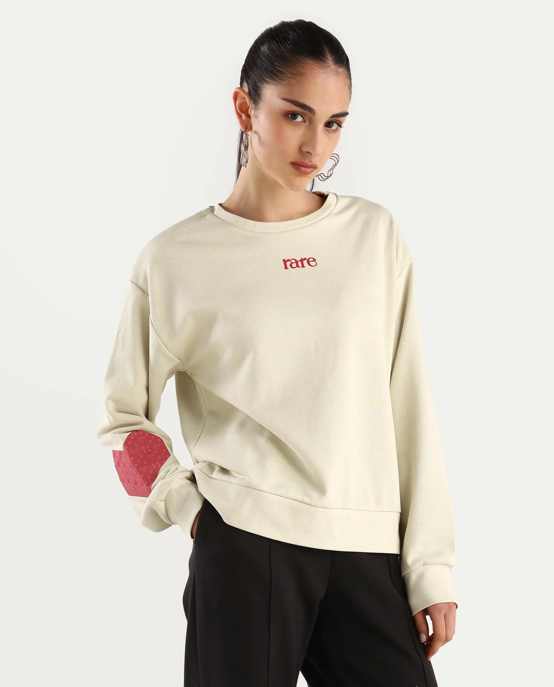 Rareism Women's Flar Light Beige Cotton Blend Crew Neck Graphic Print Relaxed Fit Sweatshirt