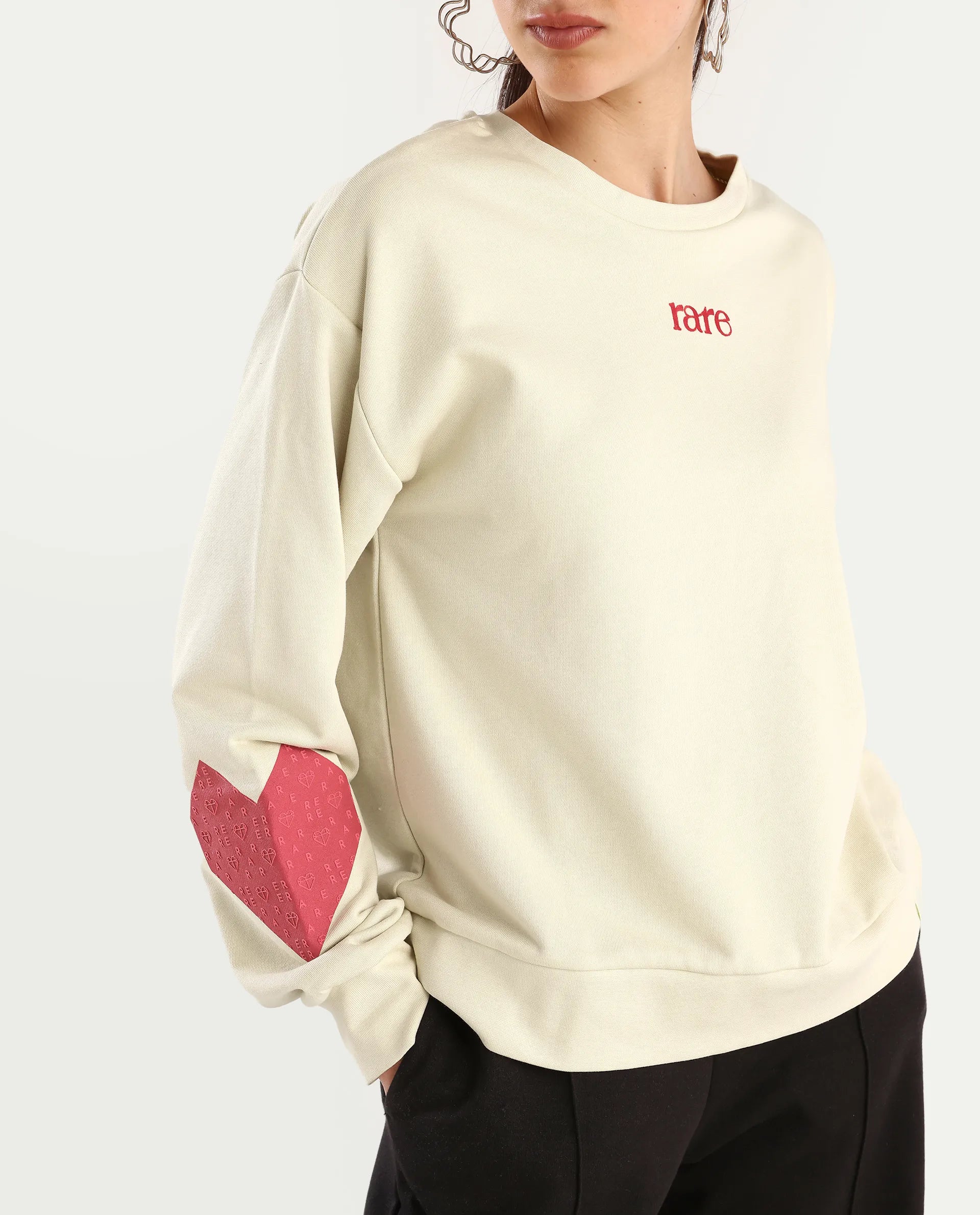 Rareism Women's Flar Light Beige Cotton Blend Crew Neck Graphic Print Relaxed Fit Sweatshirt