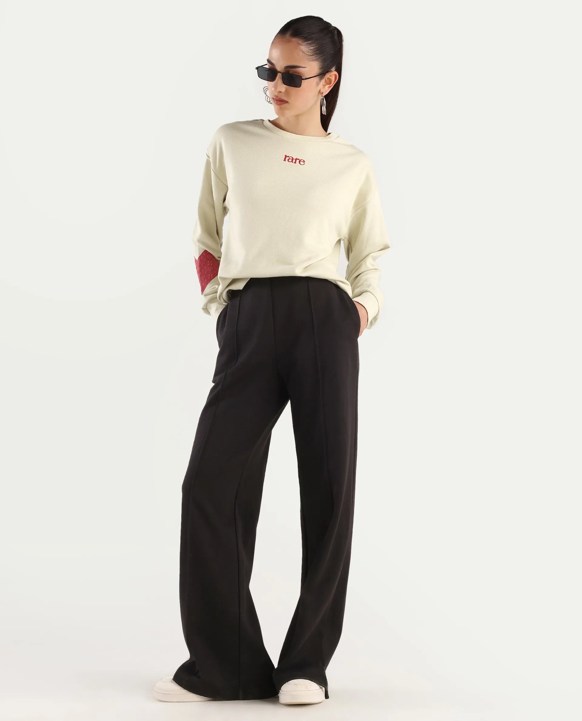 Rareism Women's Flar Light Beige Cotton Blend Crew Neck Graphic Print Relaxed Fit Sweatshirt