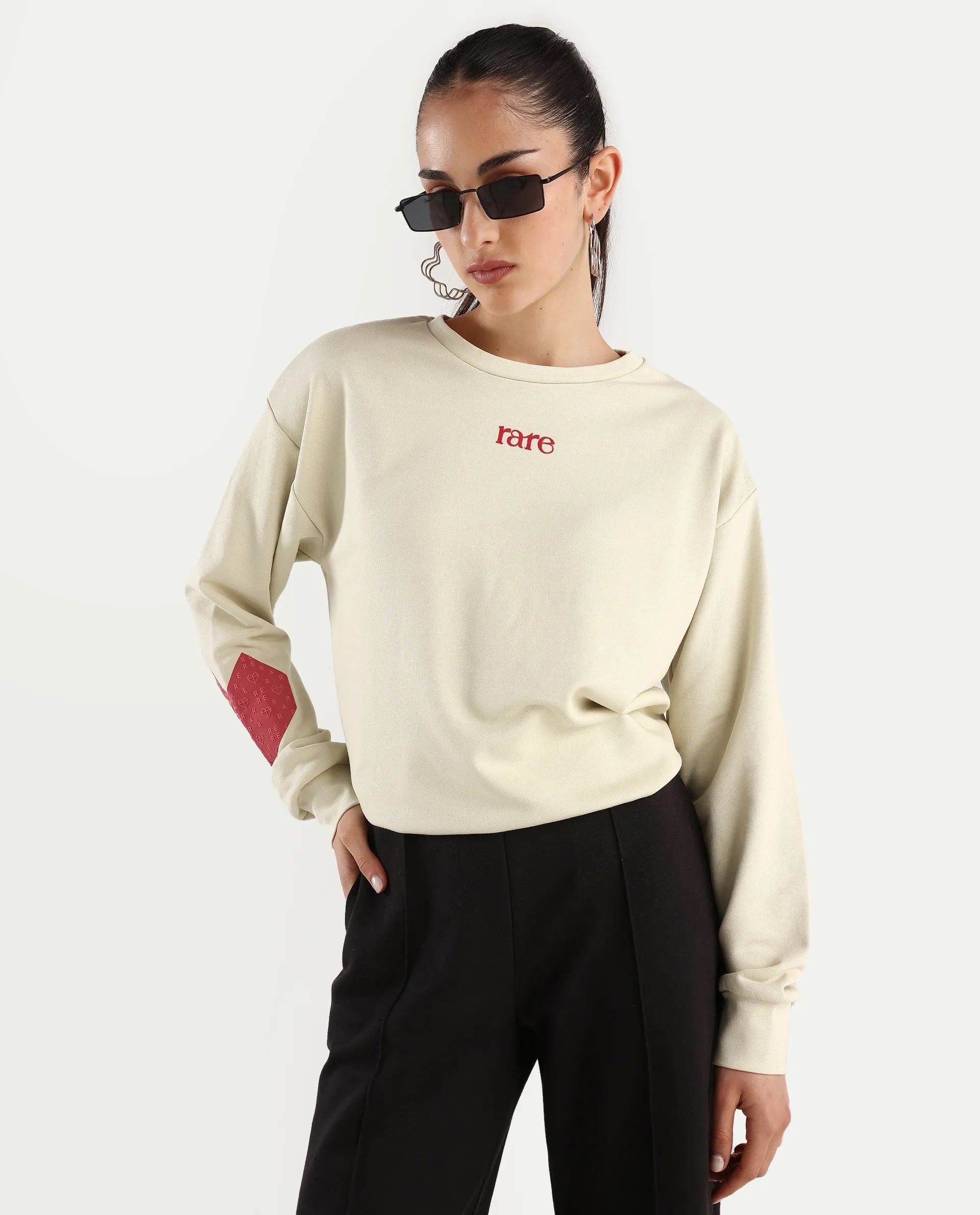 Rareism Women's Flar Light Beige Cotton Blend Crew Neck Graphic Print Relaxed Fit Sweatshirt