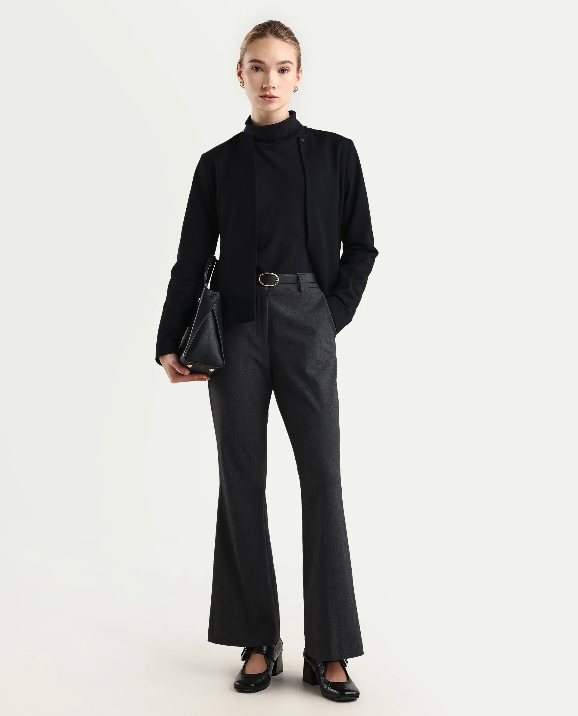 Rareism Women's Flare Grey Polyester Blend Bootcut Ankle Length Plain Travel Trouser