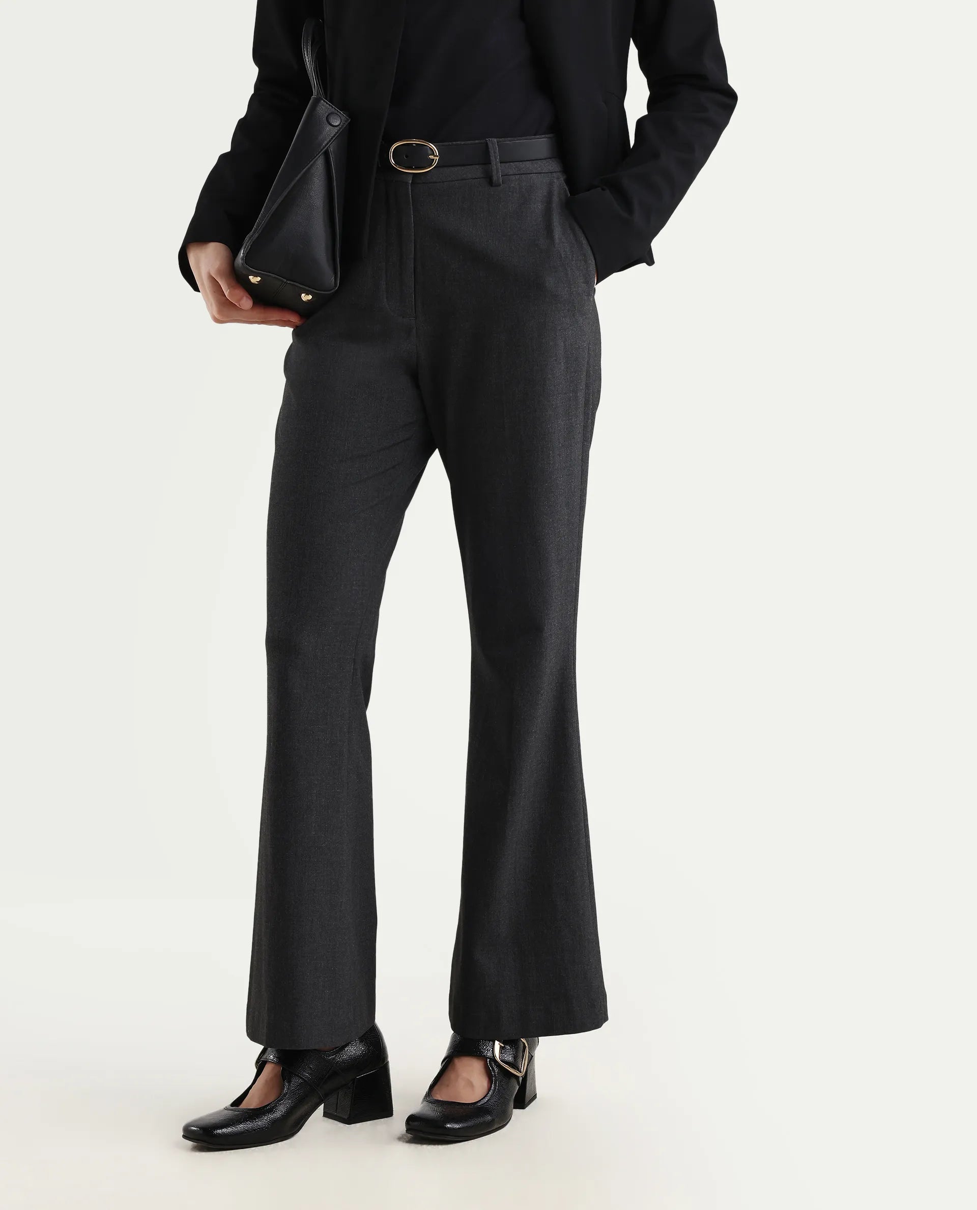 Rareism Women's Flare Grey Polyester Blend Bootcut Ankle Length Plain Travel Trouser