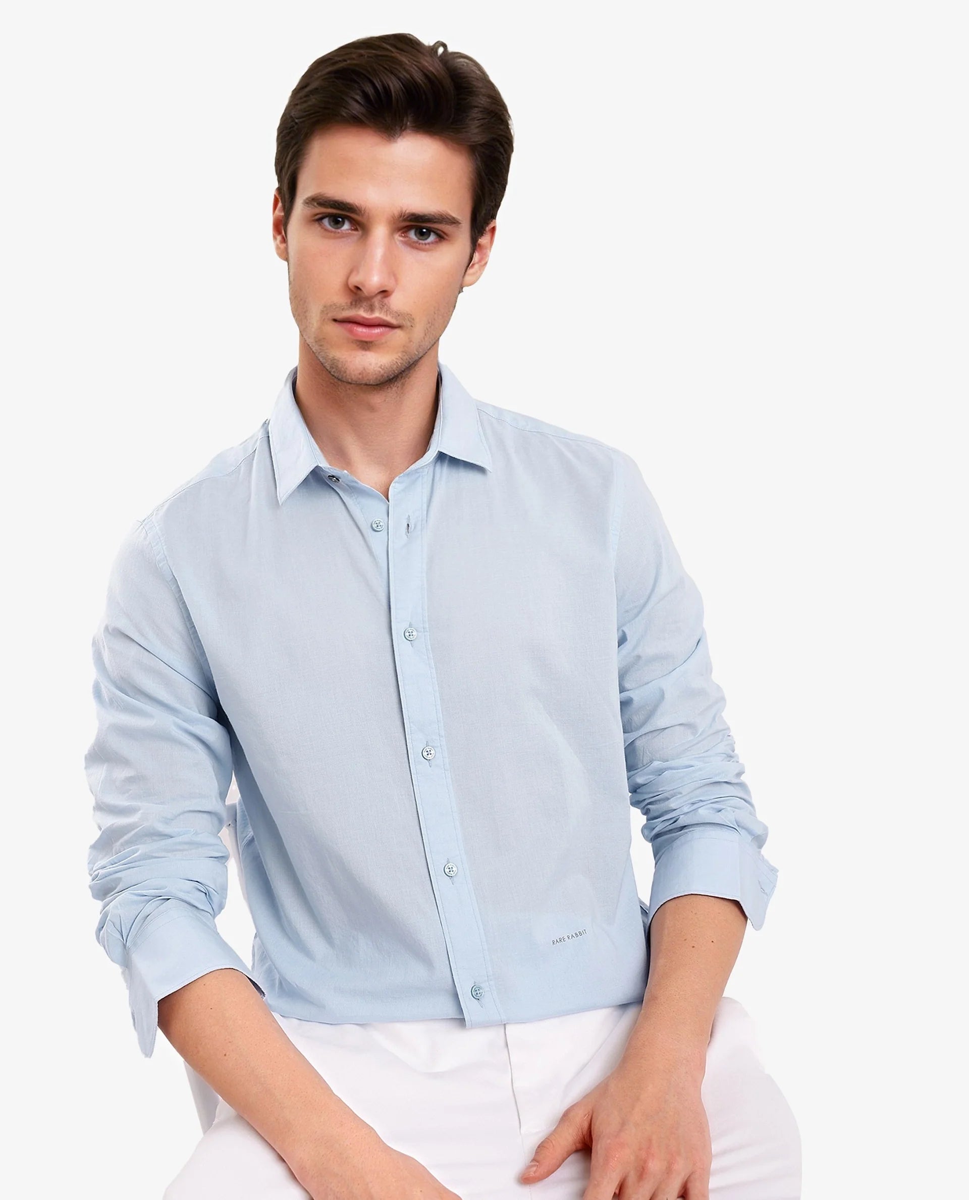 Rare Rabbit Men's Flees Light Blue Cotton Fabric Full Sleeves Solid Shirt