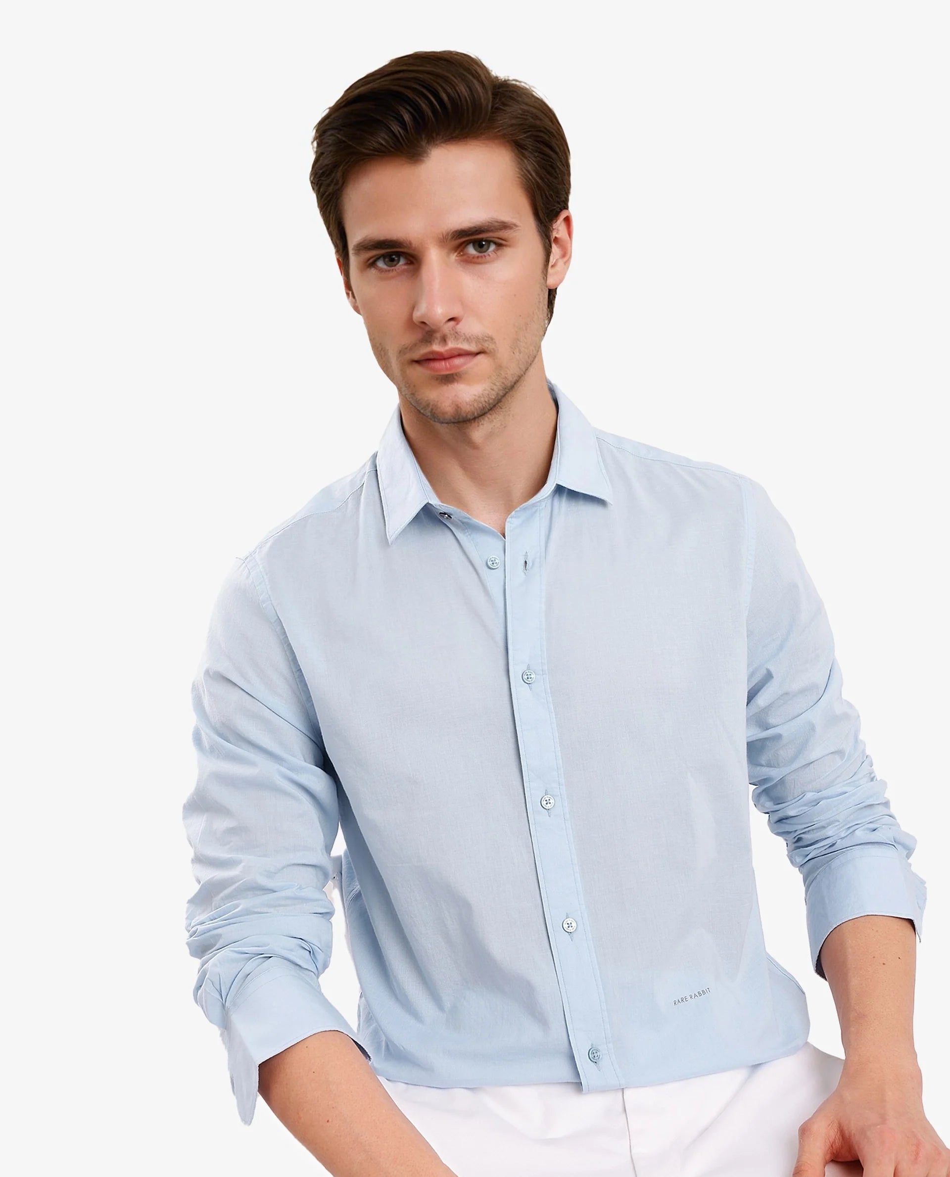 Rare Rabbit Men's Flees Light Blue Cotton Fabric Full Sleeves Solid Shirt