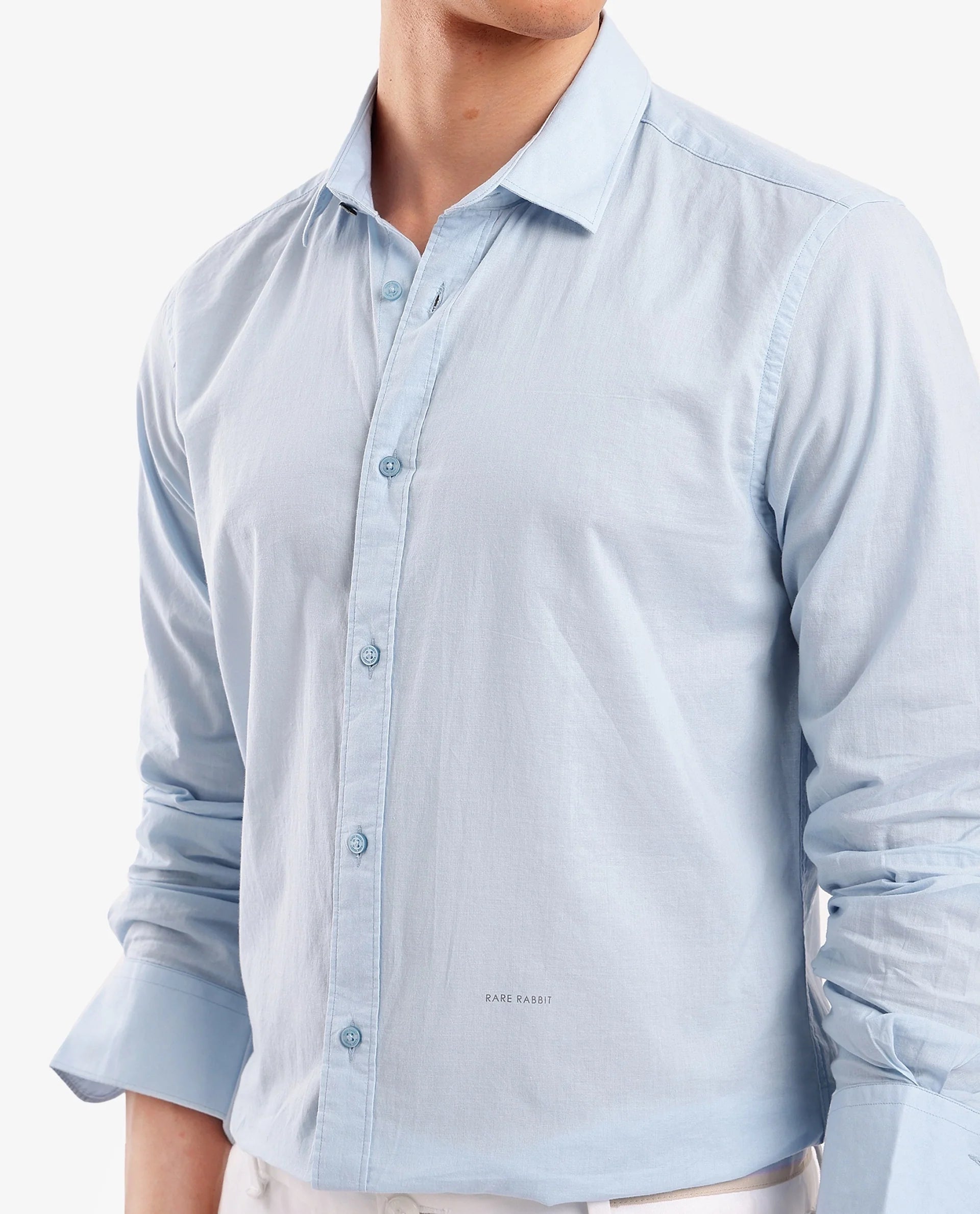 Rare Rabbit Men's Flees Light Blue Cotton Fabric Full Sleeves Solid Shirt