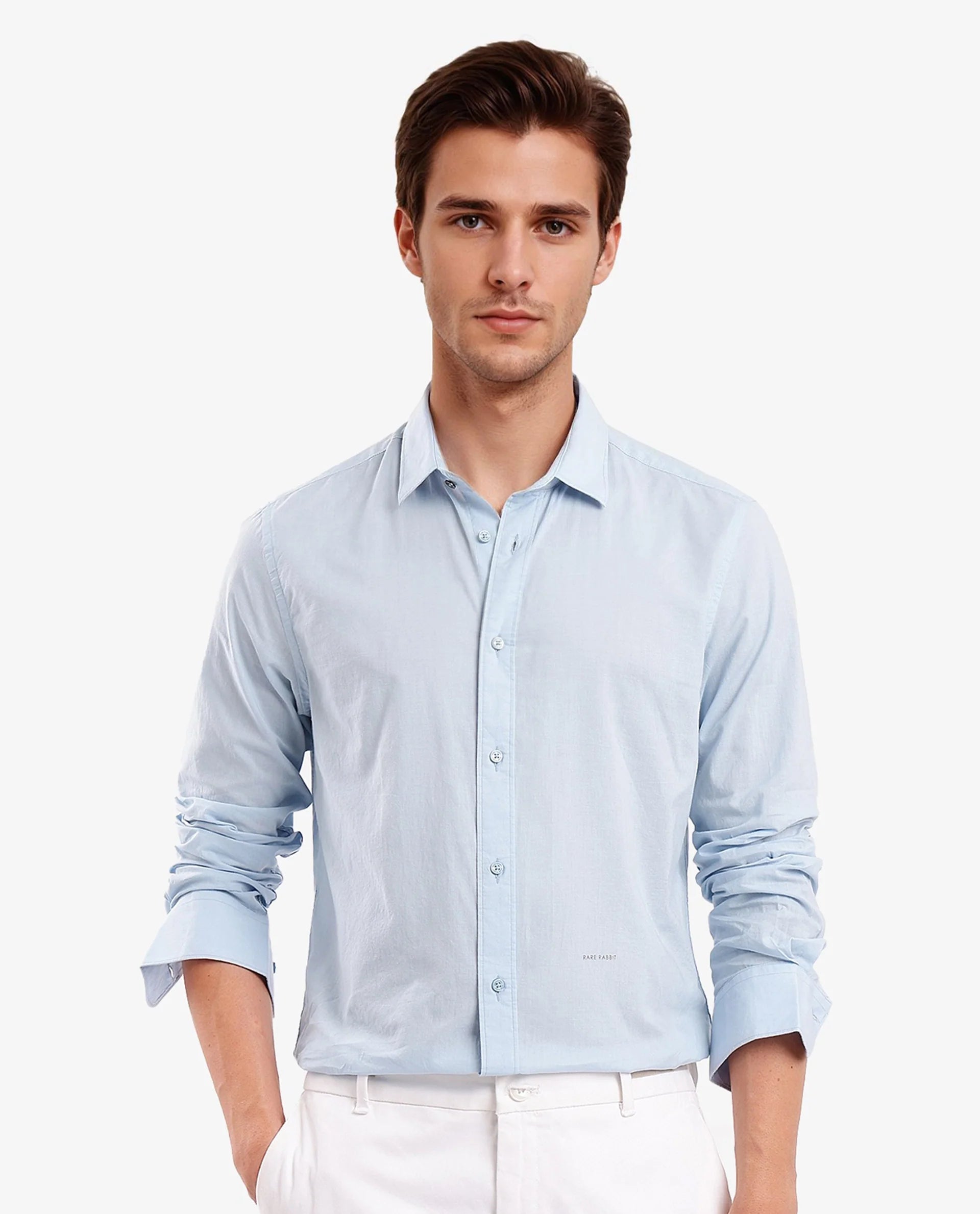 Rare Rabbit Men's Flees Light Blue Cotton Fabric Full Sleeves Solid Shirt