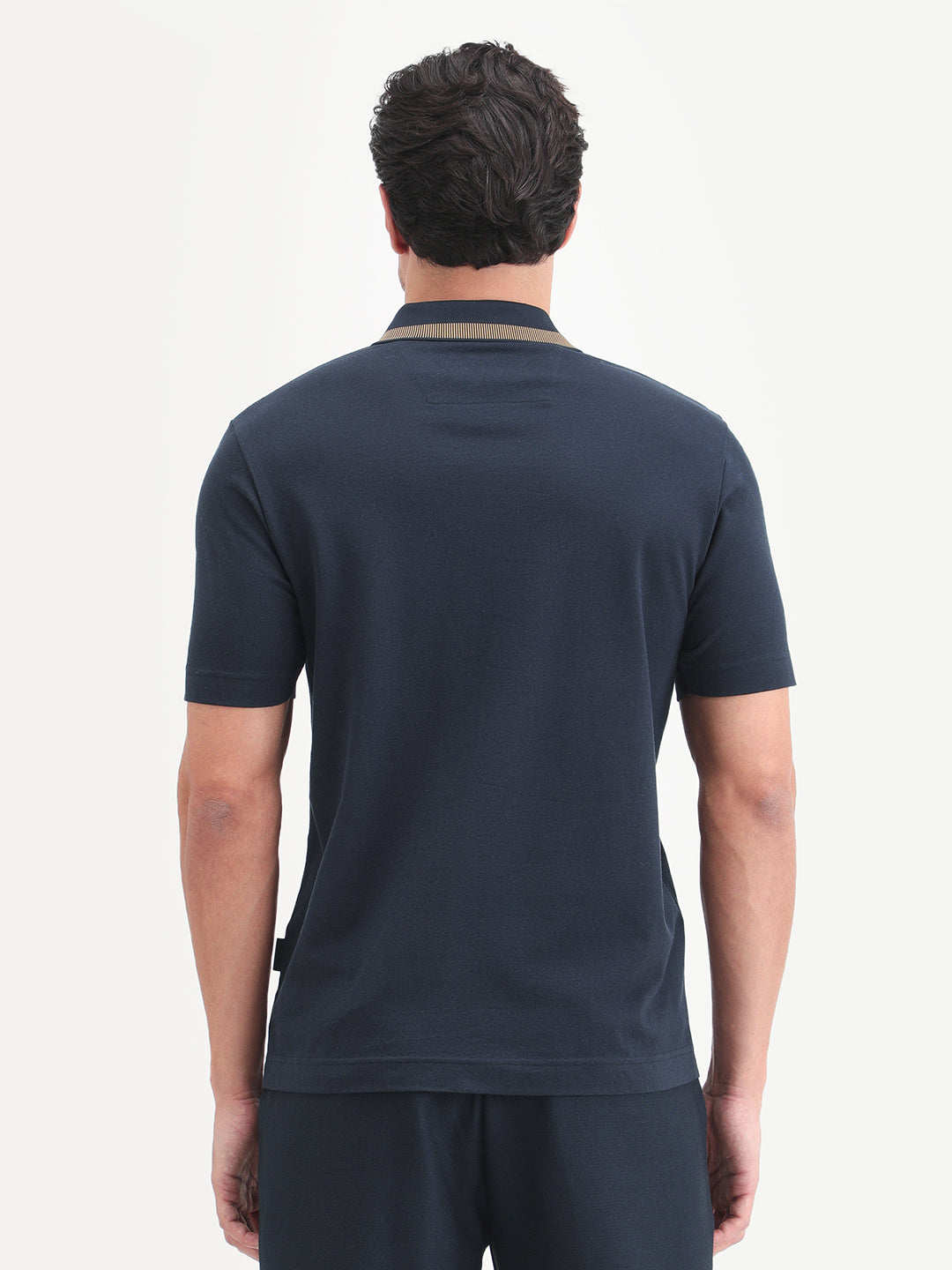 Rare Rabbit Men's Flint Dark Navy Cotton Fabric Half Sleeve Spread Collar Regular Fit Plain Polo