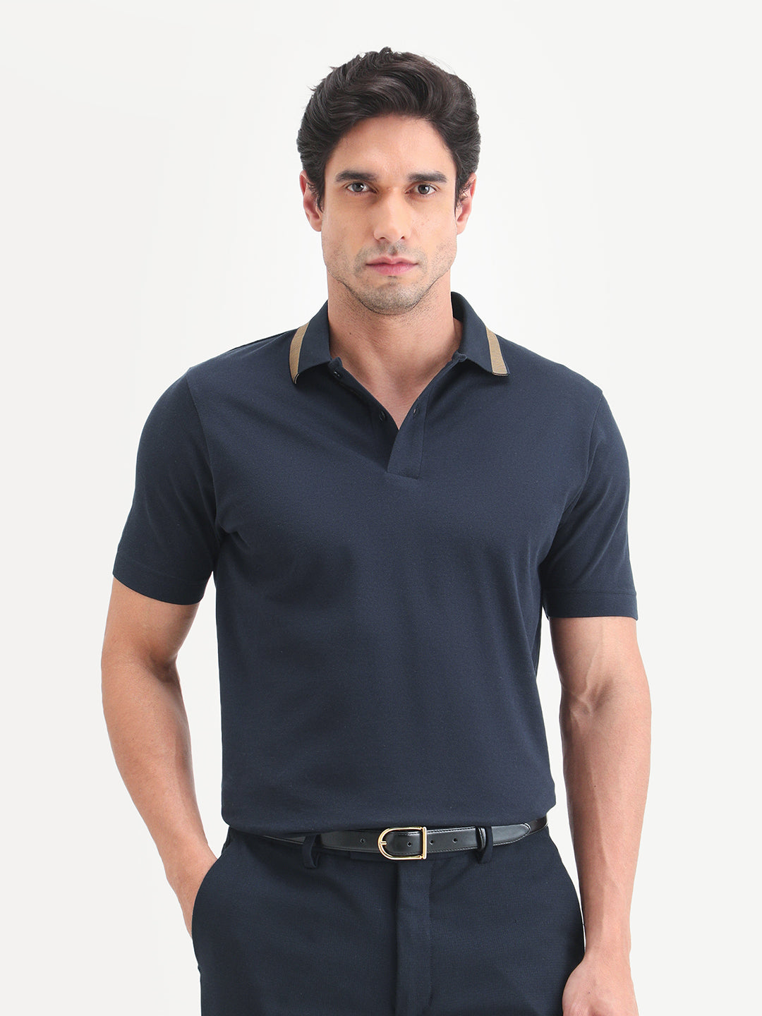 Rare Rabbit Men's Flint Dark Navy Cotton Fabric Half Sleeve Spread Collar Regular Fit Plain Polo