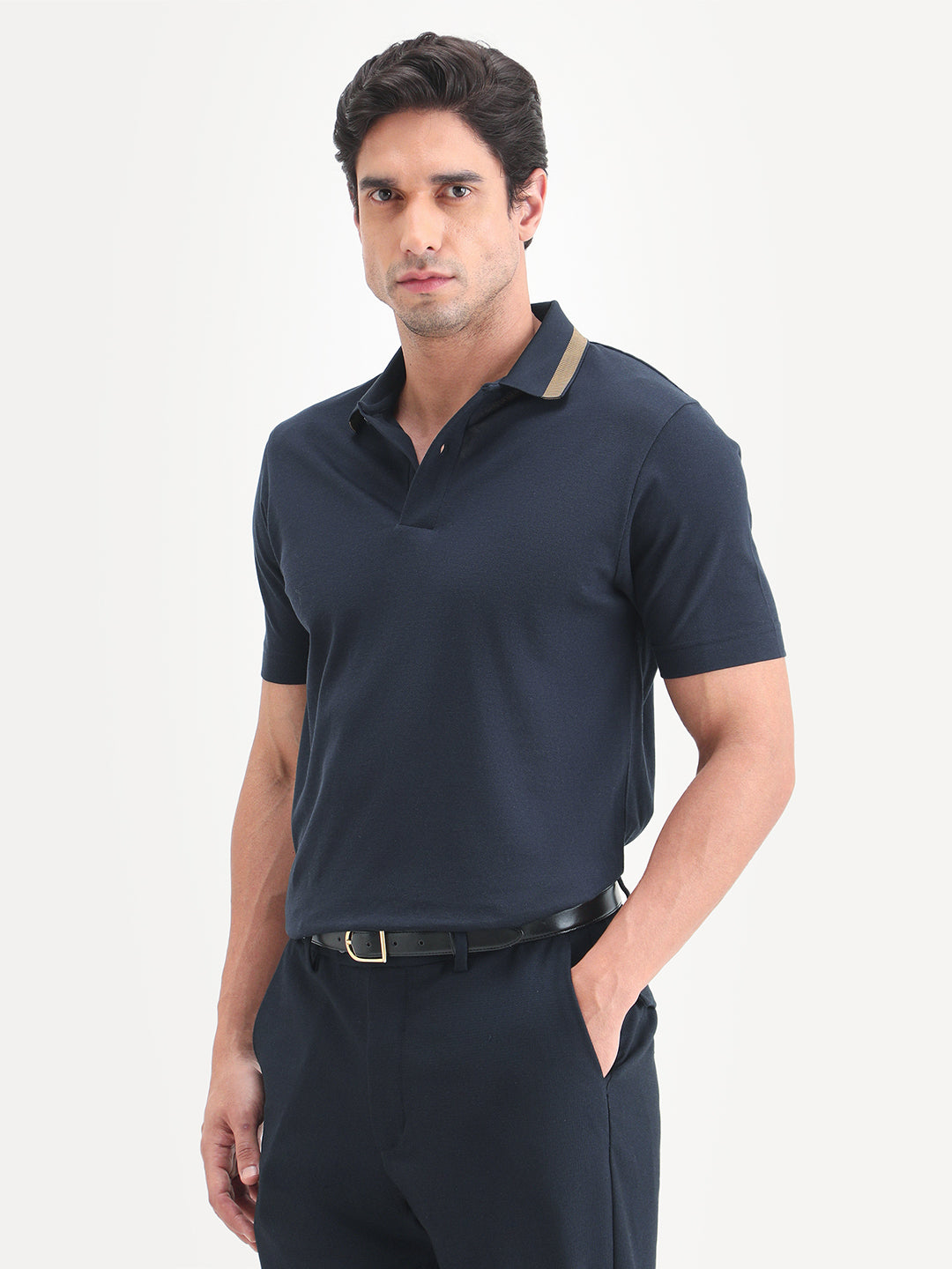Rare Rabbit Men's Flint Dark Navy Cotton Fabric Half Sleeve Spread Collar Regular Fit Plain Polo