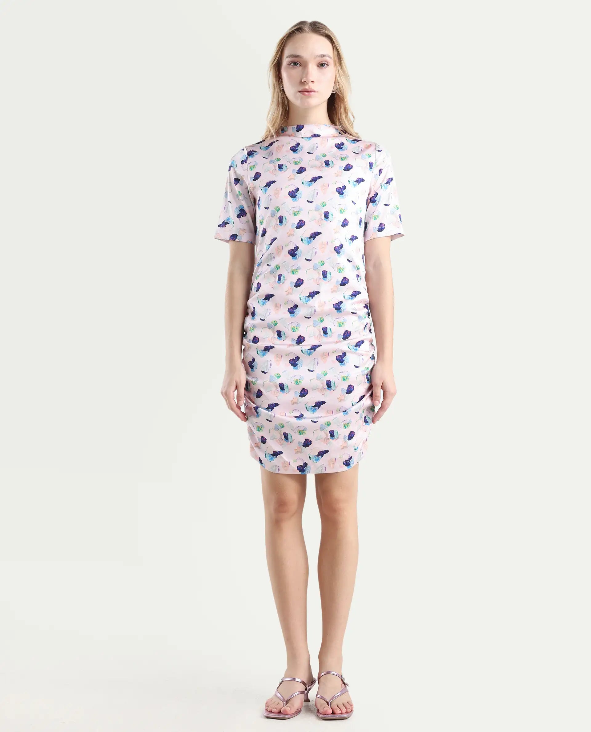 Rareism Women's Flirty Pink Modal High Neck Abstract Print Knee Length Regular Fit Dress