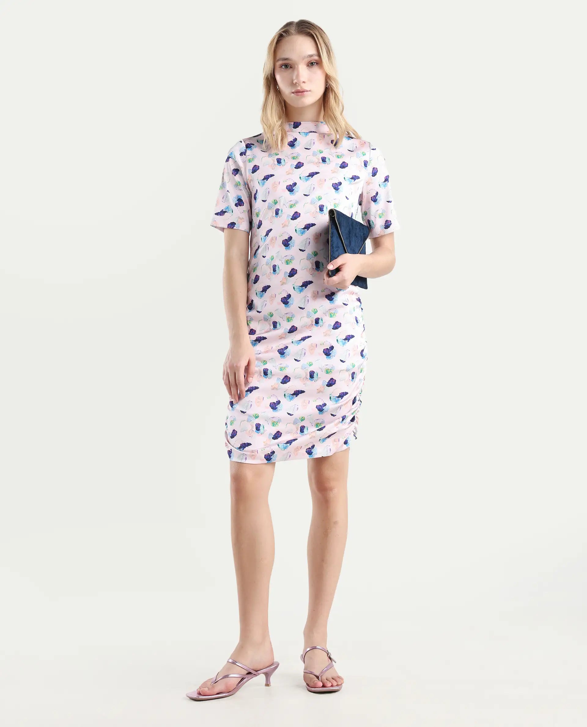 Rareism Women's Flirty Pink Modal High Neck Abstract Print Knee Length Regular Fit Dress