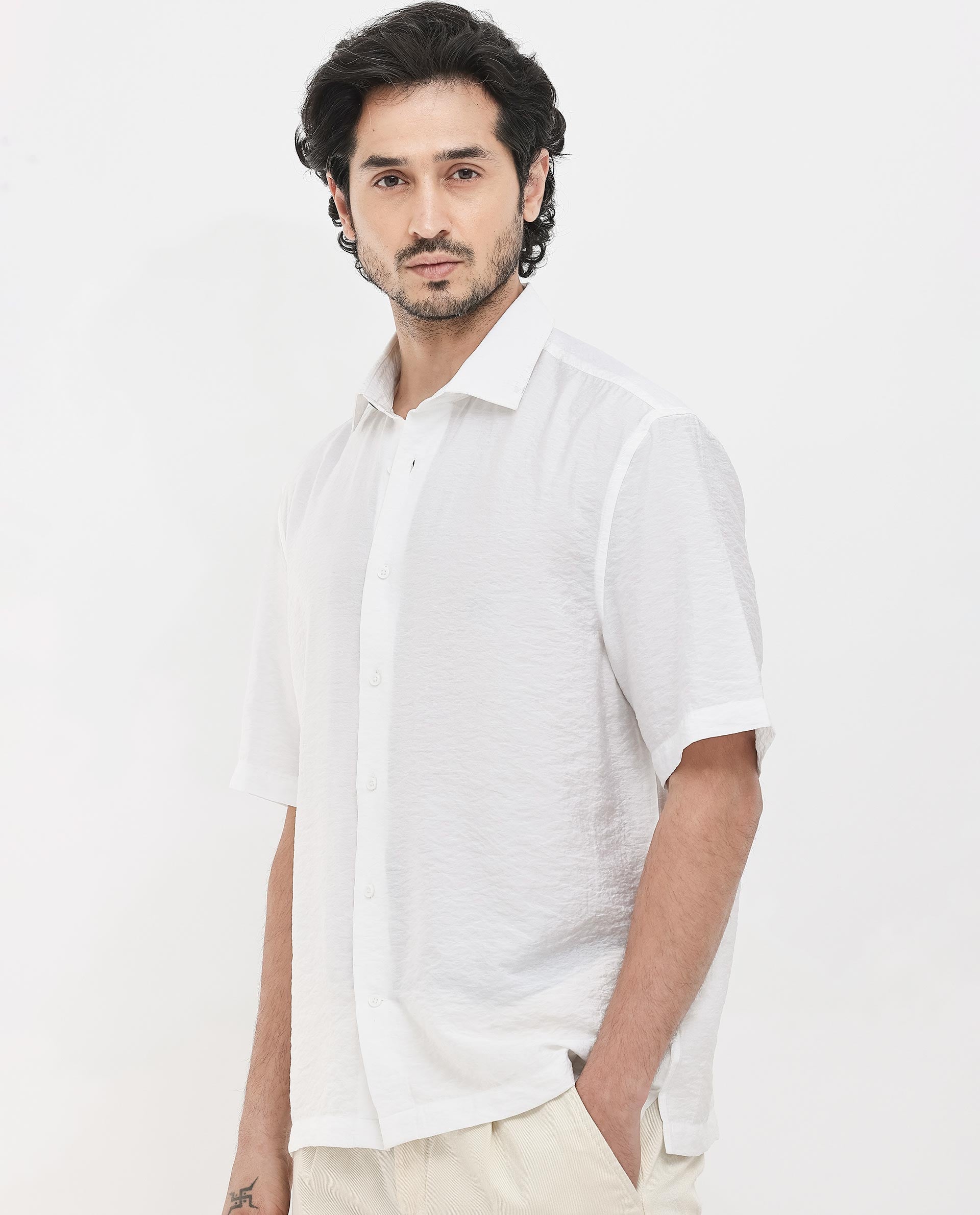 Rare Rabbit Men's Flo White Viscose Fabric Half Sleeves Boxy Fit Creased Effect Solid Shirt